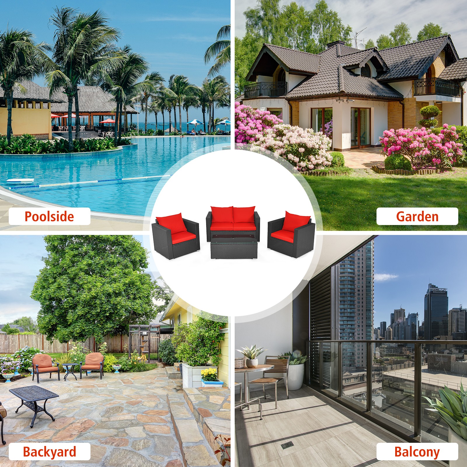 8PCS Patio Rattan Furniture Set Cushioned Sofa Chair Coffee Table Garden Red