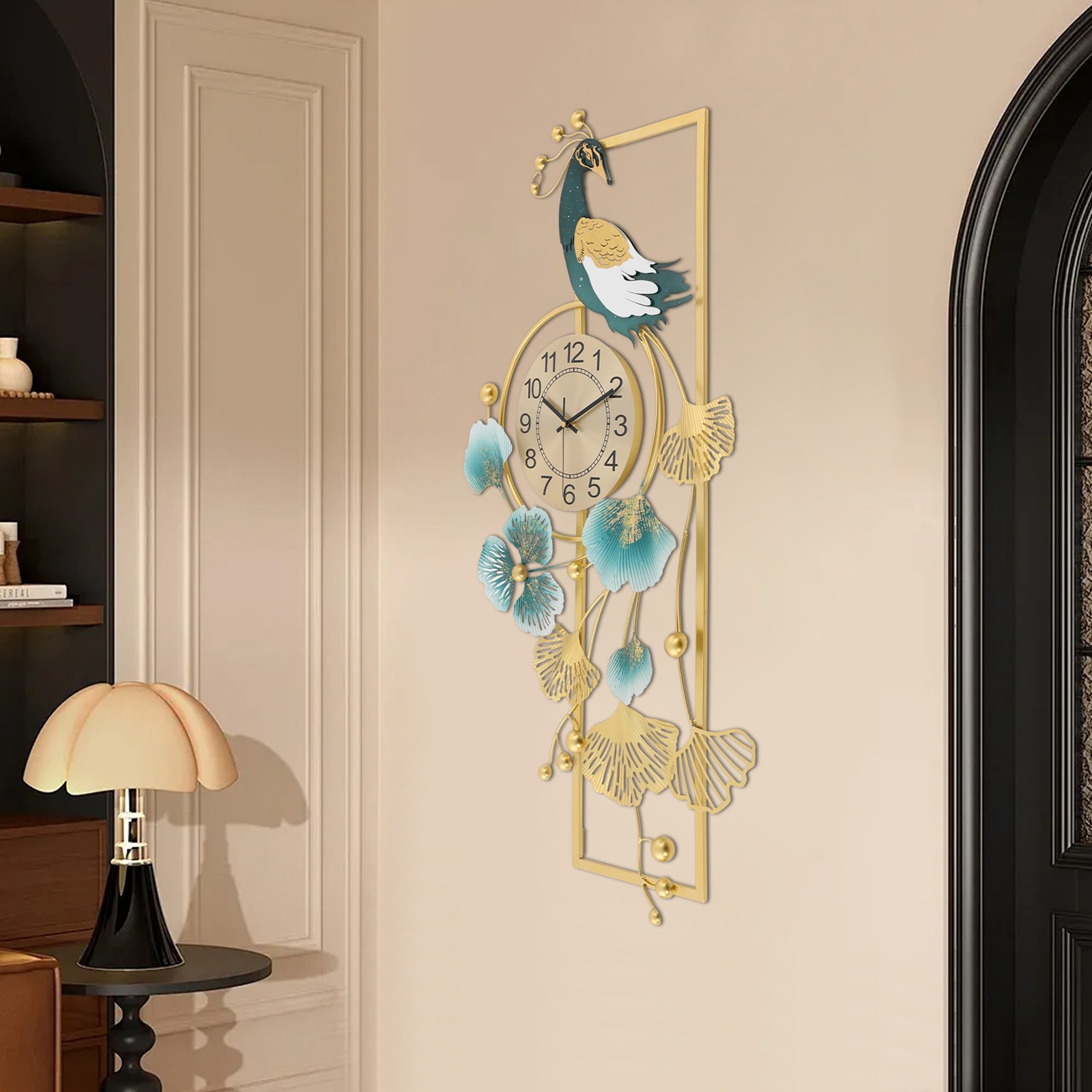 Peacock&Ginkgo Leaves Wall Clock Metal Watch Living Room Art Decor 19.69*39.37in