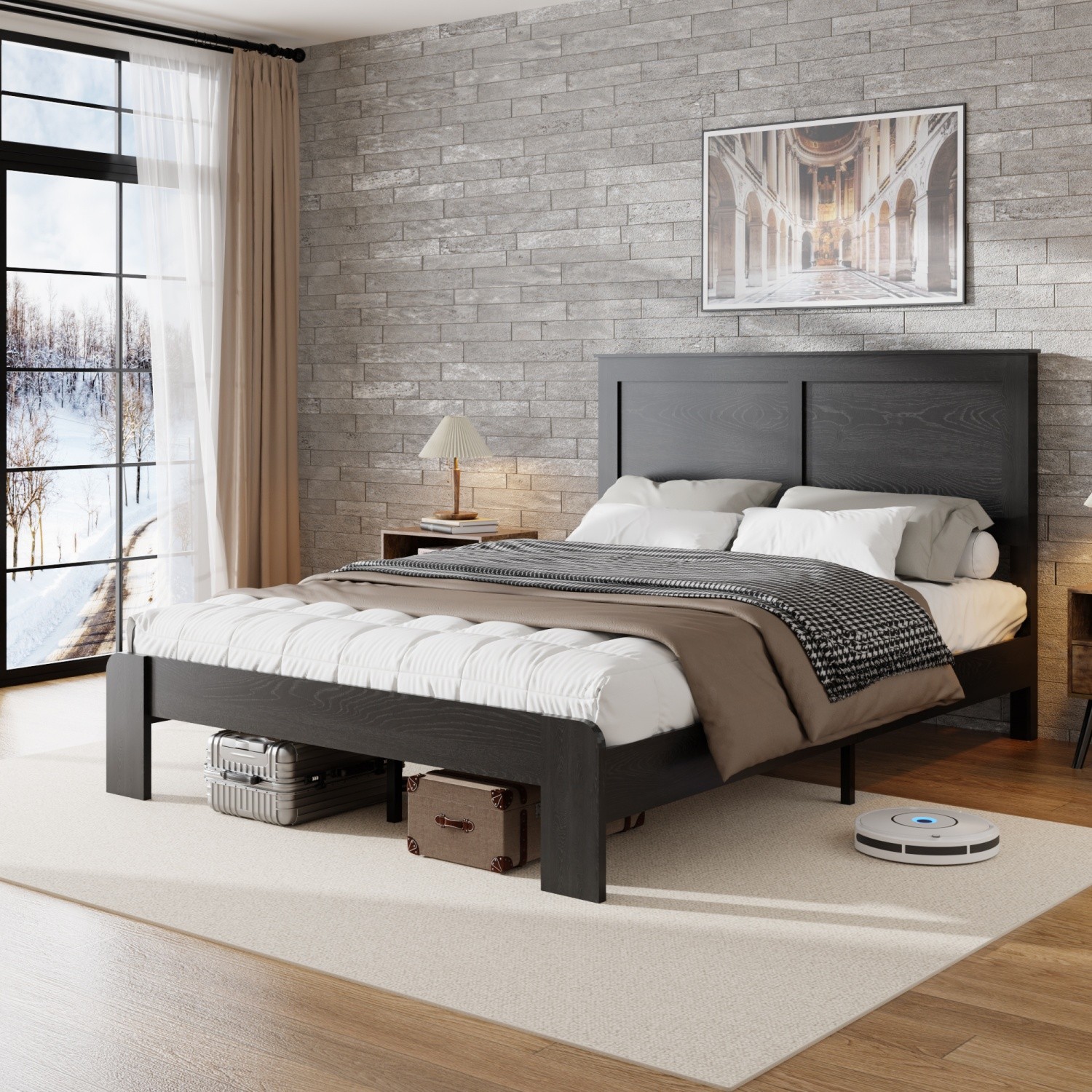 Full/Queen/King Size Bed Frame Wood Platform Bed with Wood Headboard Black