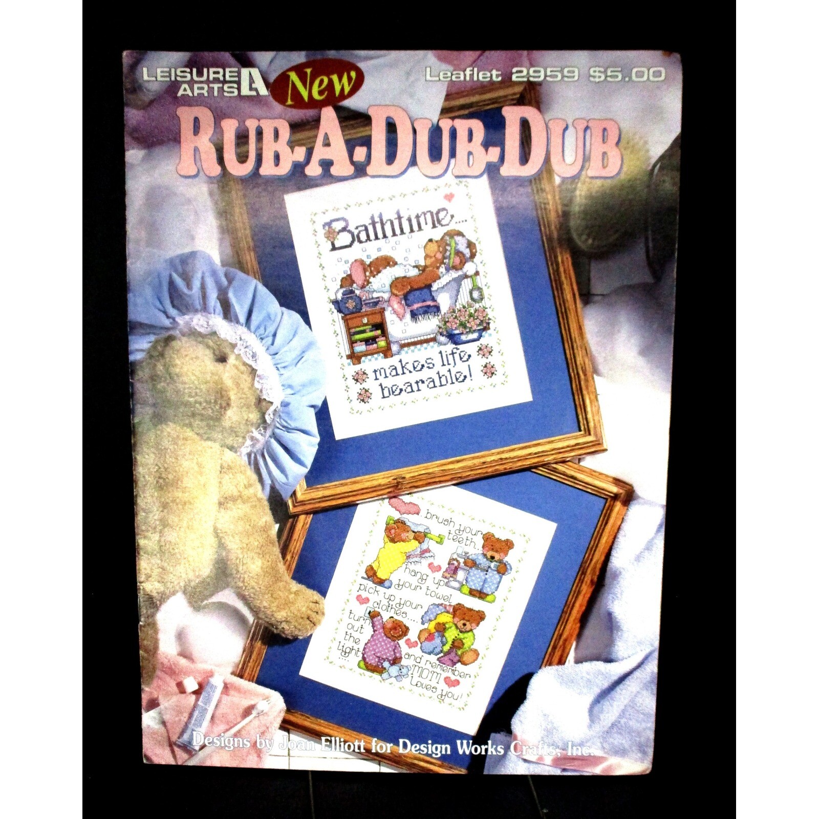 Leisure Arts Rub-A-Dub-Dub Cross Stitch Patterns, Bathroom Decor, Pigs, Bears