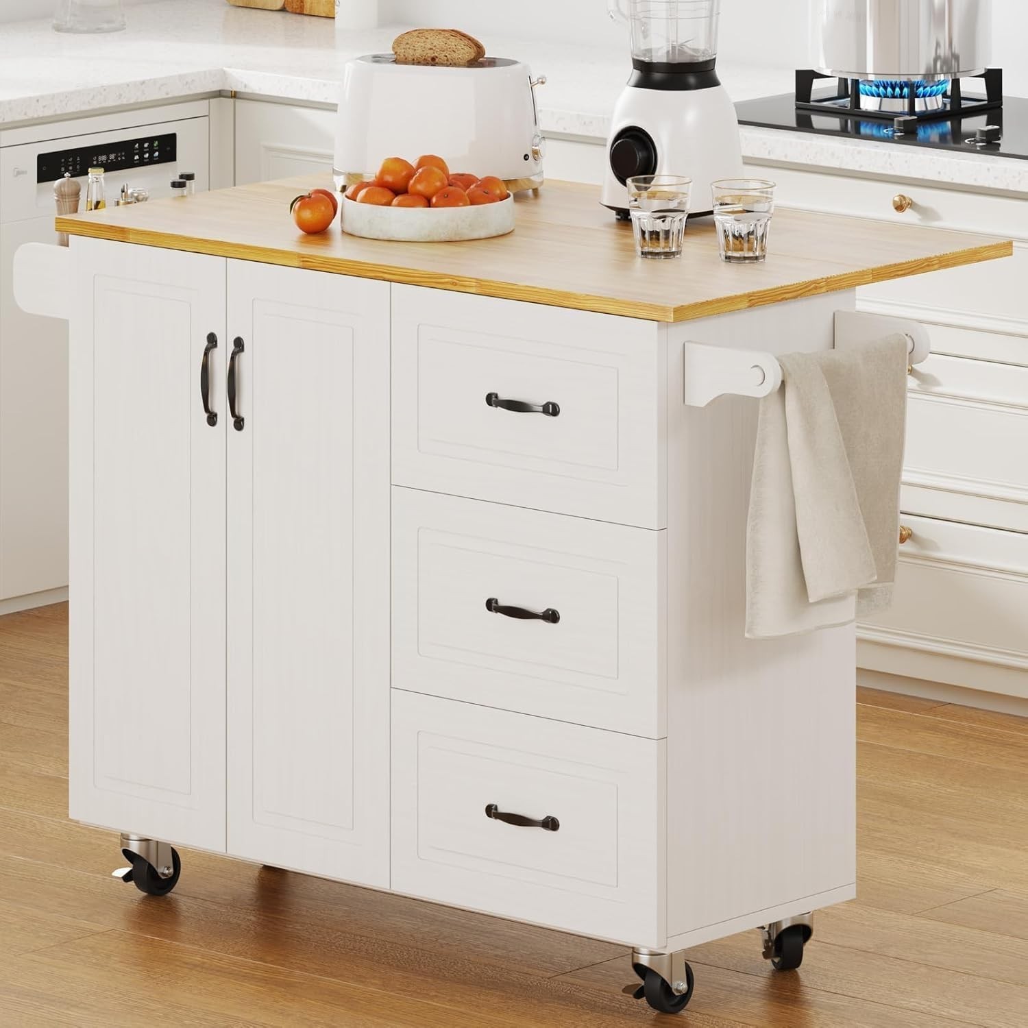 Kitchen Island with Storage on Wheels, Rolling Kitchen Island with Spice Rack...