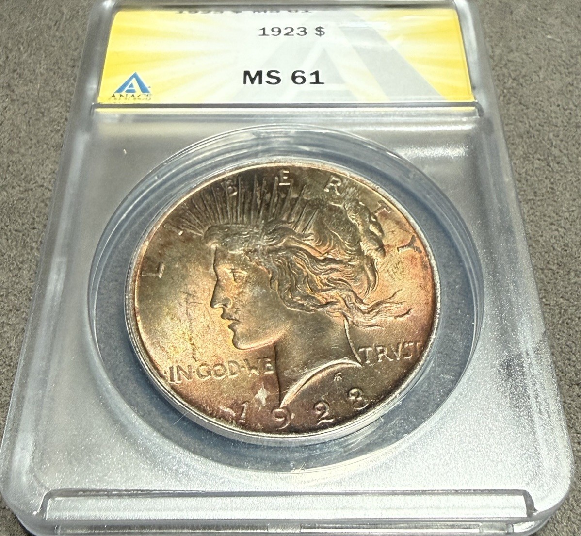 1923-D $1 ANACS Ms61 Peace Silver Dollar Dual Side Toner Toned Genuine Original