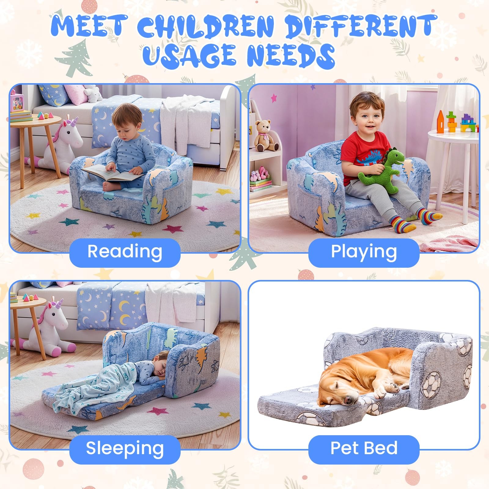 2-in-1 Toddler Couch,Glow in The Dark Baby Floor Bed,Foldable Toddler Chair K...