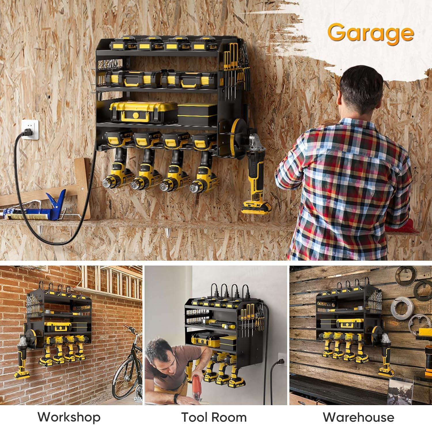 Power Tool Organizer Wall Mount with Charging Station,Tool Storage Rack with 8 O