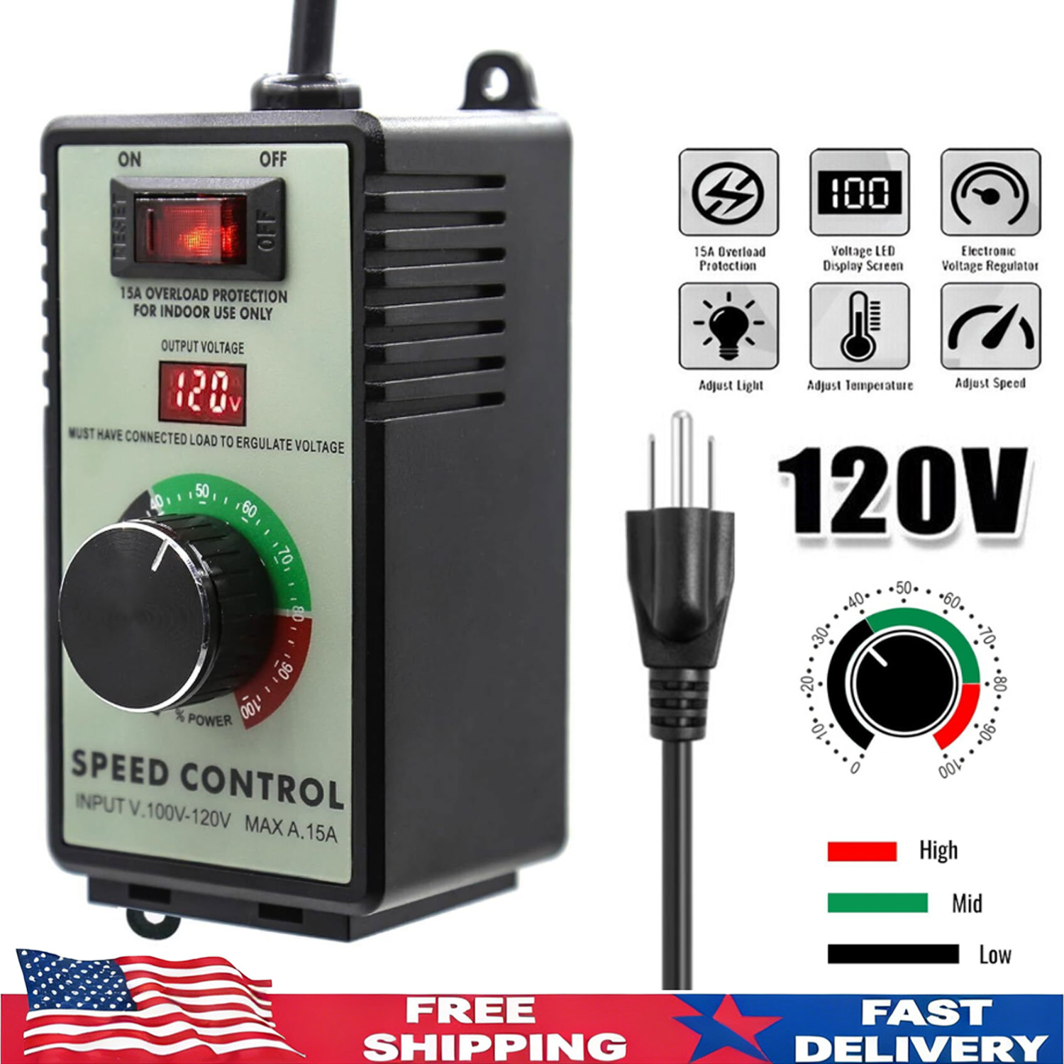 Versatile AC Motor Speed Controller 120V Electric Fan Speed RegulatorLED Display