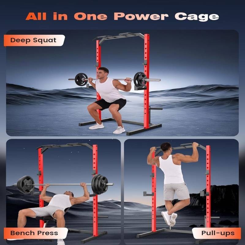 Power Cage Multi-Function Power Rack with Adjustable Cable Pulley System J-Hooks
