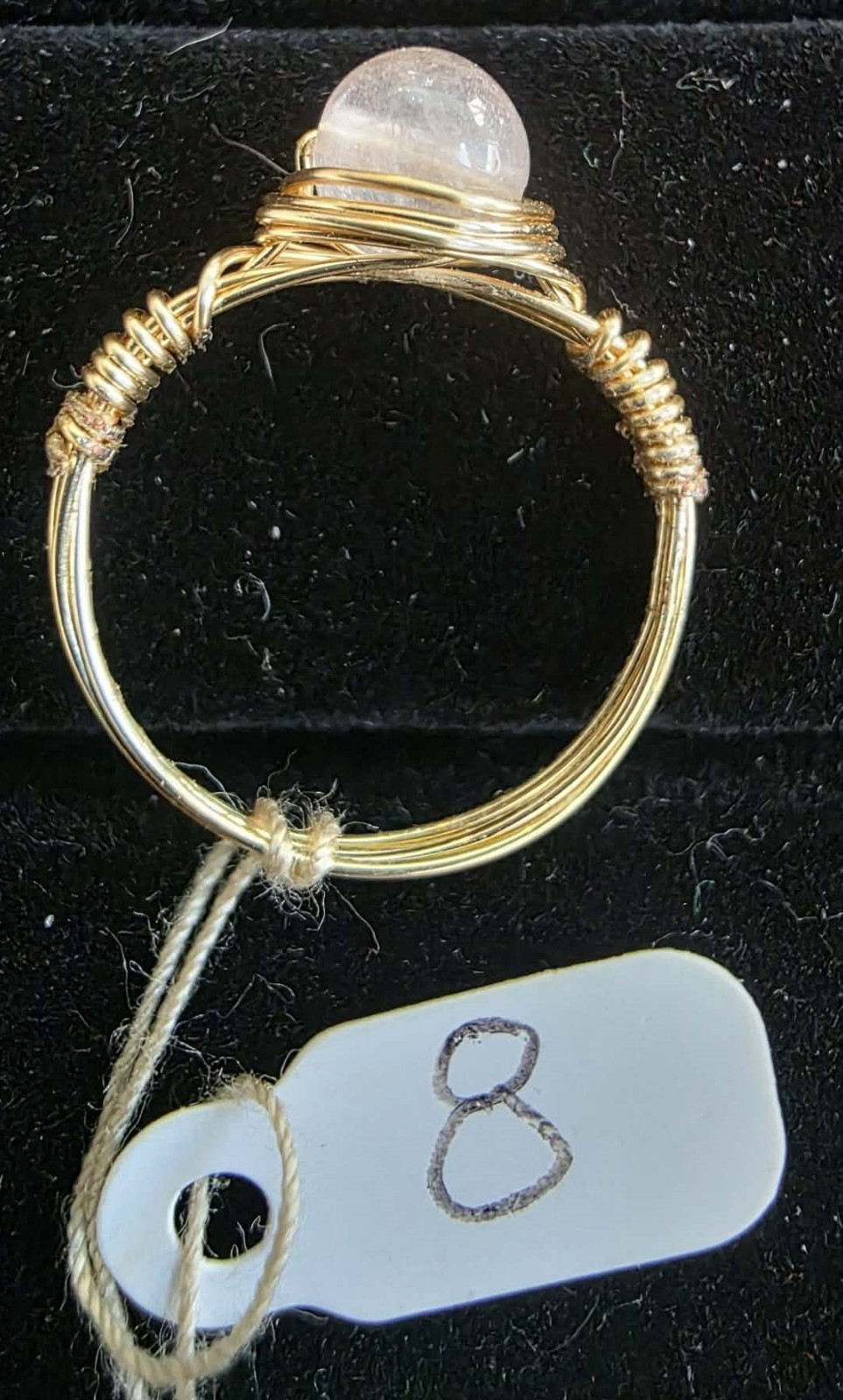 Handmade size 8 wire-wrapped Rose Quartz rings with Gold-Tone plated wire