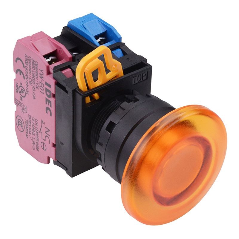 IDEC Amber 12V 22mm Mushroom Maintained Push Button Switch 1NO-1NC IP65
