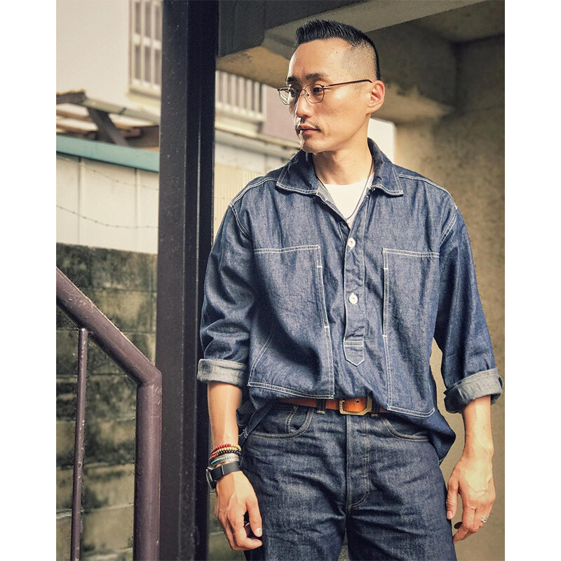 Men Vintage Spring Summer Blue Denim Work Uniforms Loose Pullover Shirts Jacket