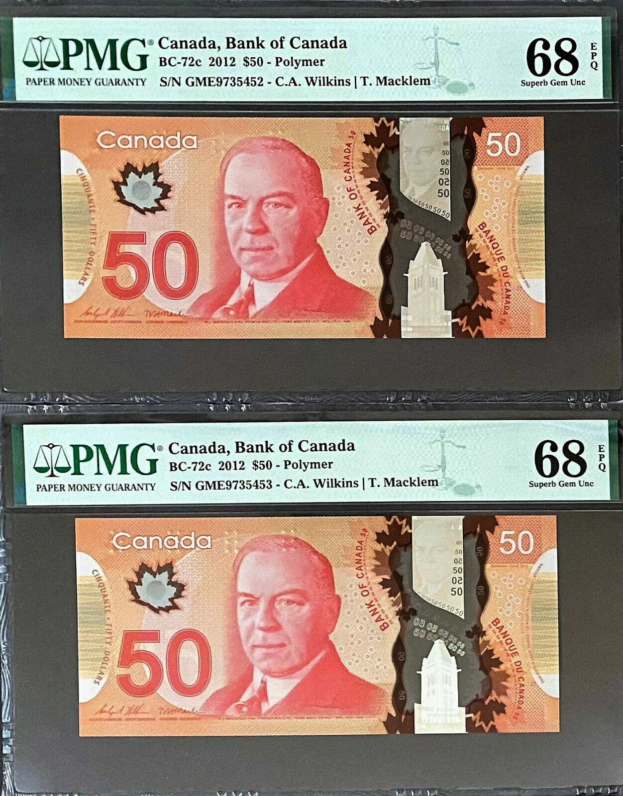 Canada Polymer 2 CONSECUTIVE $50 Wilkins/Macklem GME BC-72c S GEM UNC PMG 68 EPQ