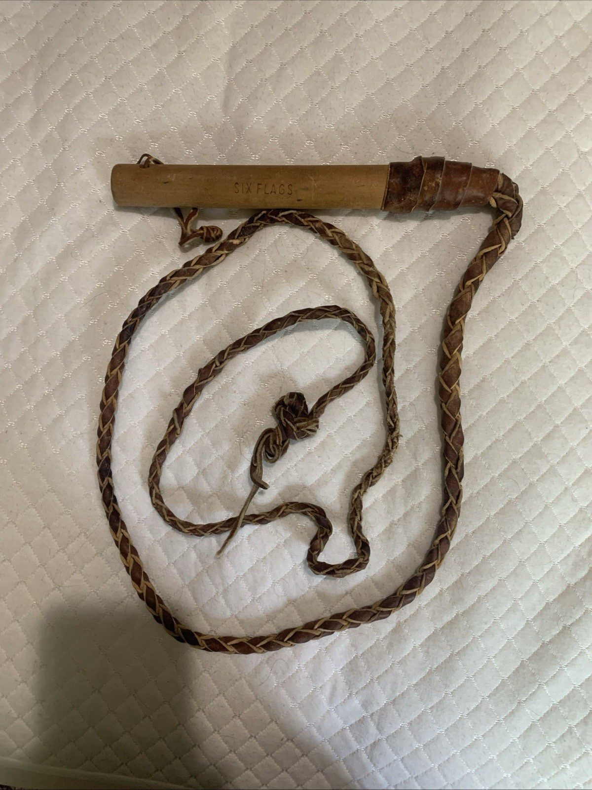 Bull Whip 6 ft braided Brown Leather With Wood Handle Vintage Six Flags