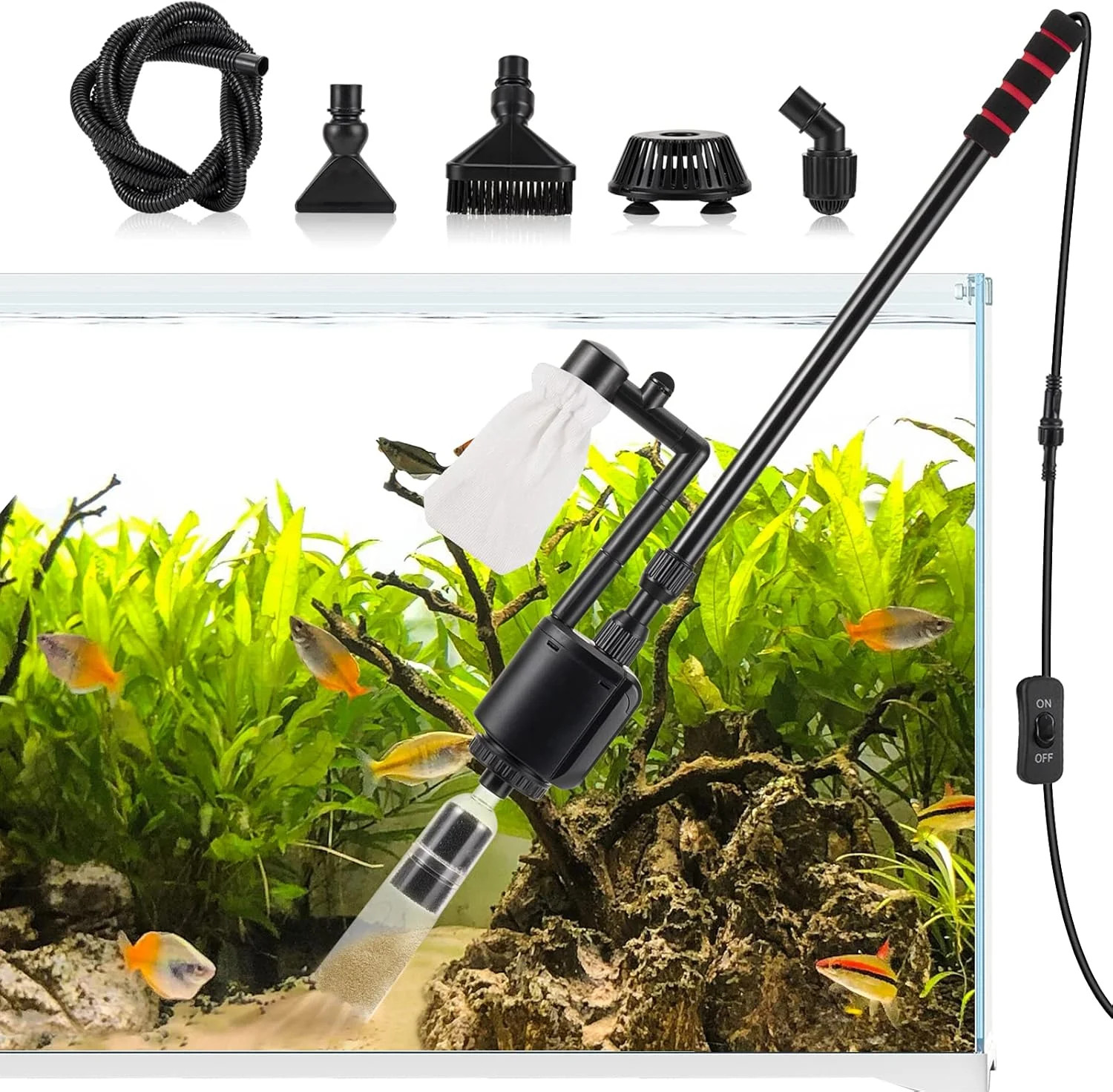 AQQA Aquarium Gravel Cleaner, 6-in-1 Electric Fish Tanks Gravel Vacuum Cleaner S