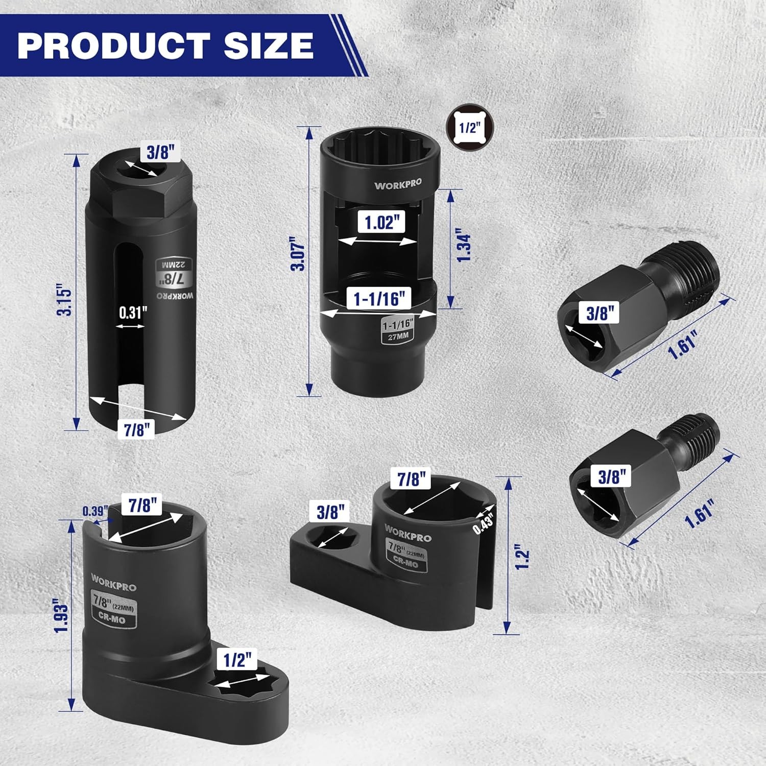WORKPRO 6x O2 Oxygen Sensor Socket 3/8" 1/2" Dr Removal Tool Thread Chaser Set