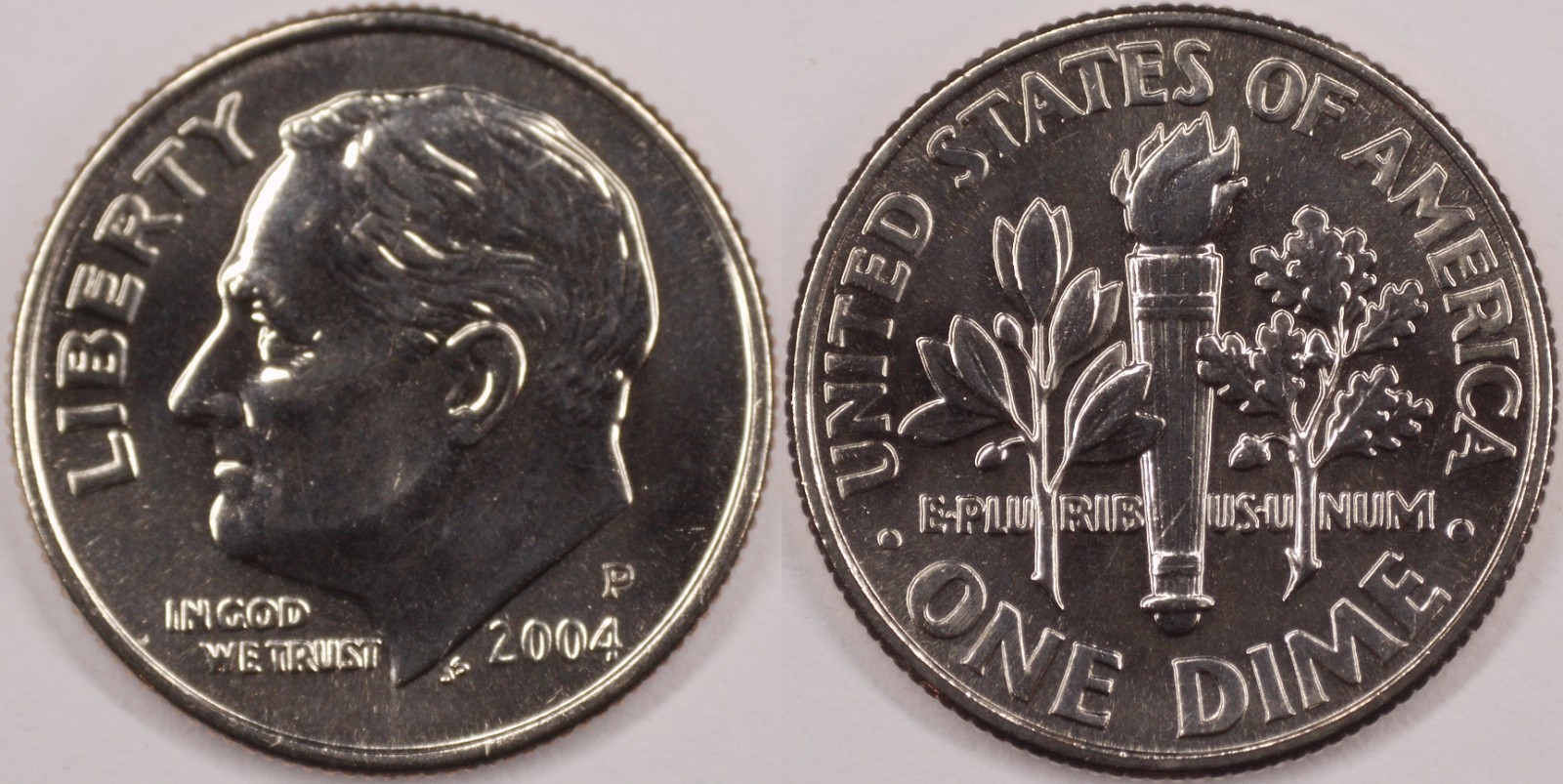 United States 2004 P 10 Cents Roosevelt Dime KM#195a Clad Torch Olive Oak Branch