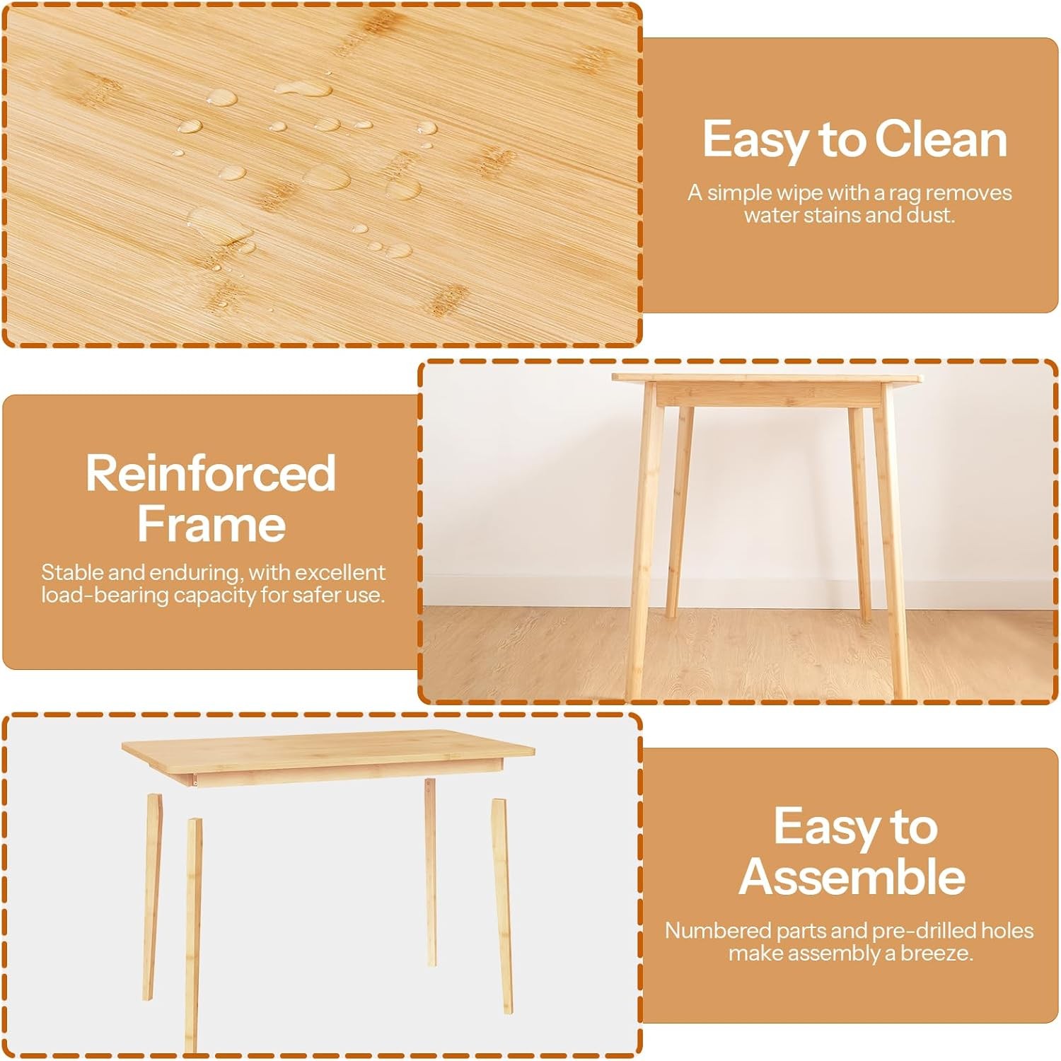 Dining Table Bamboo Rectangle Kitchen Table for 4-6 ,Easy to Assemble,