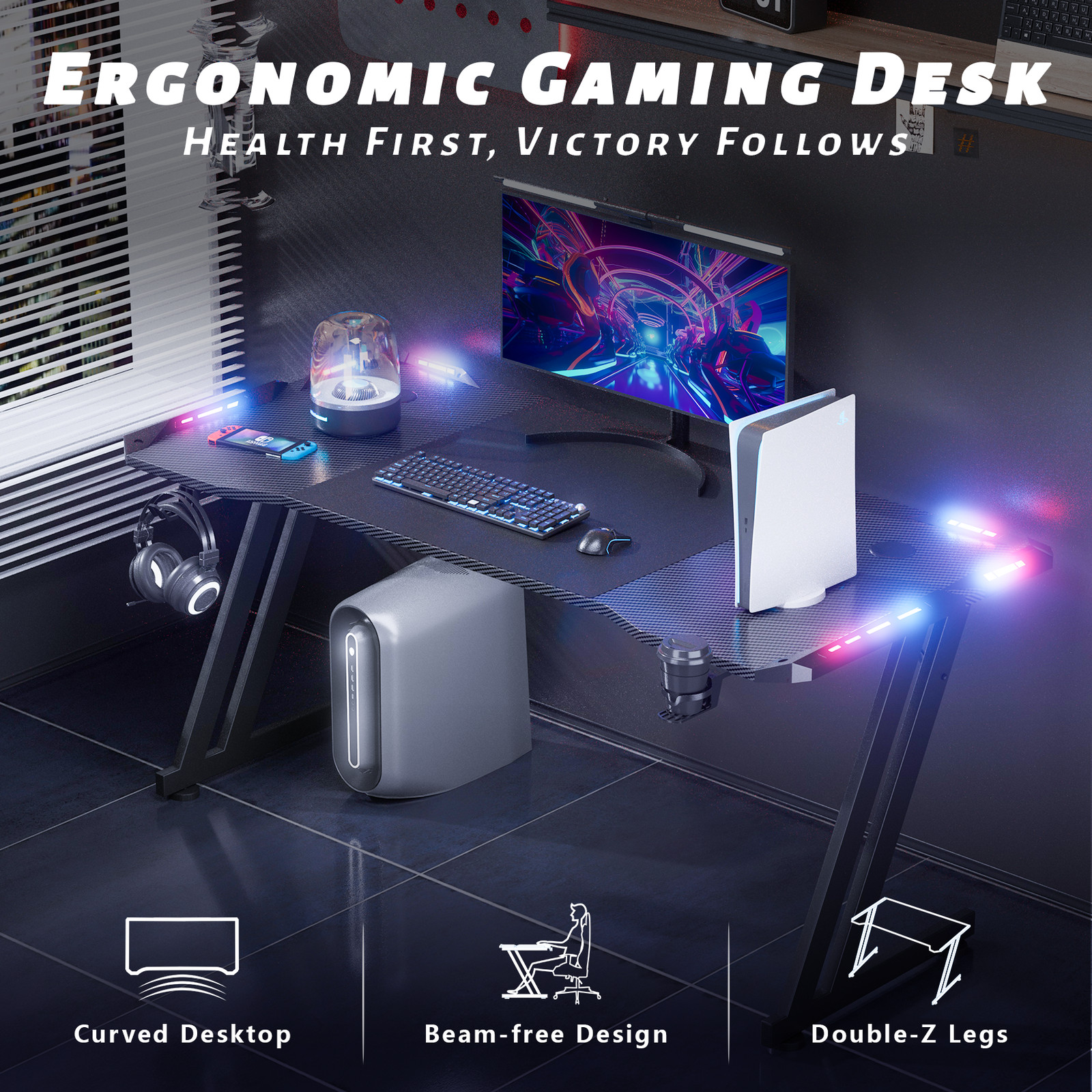 Gaming Desk with Headphone Hook & Cup Holder, LED Gaming Table, Computer Desk