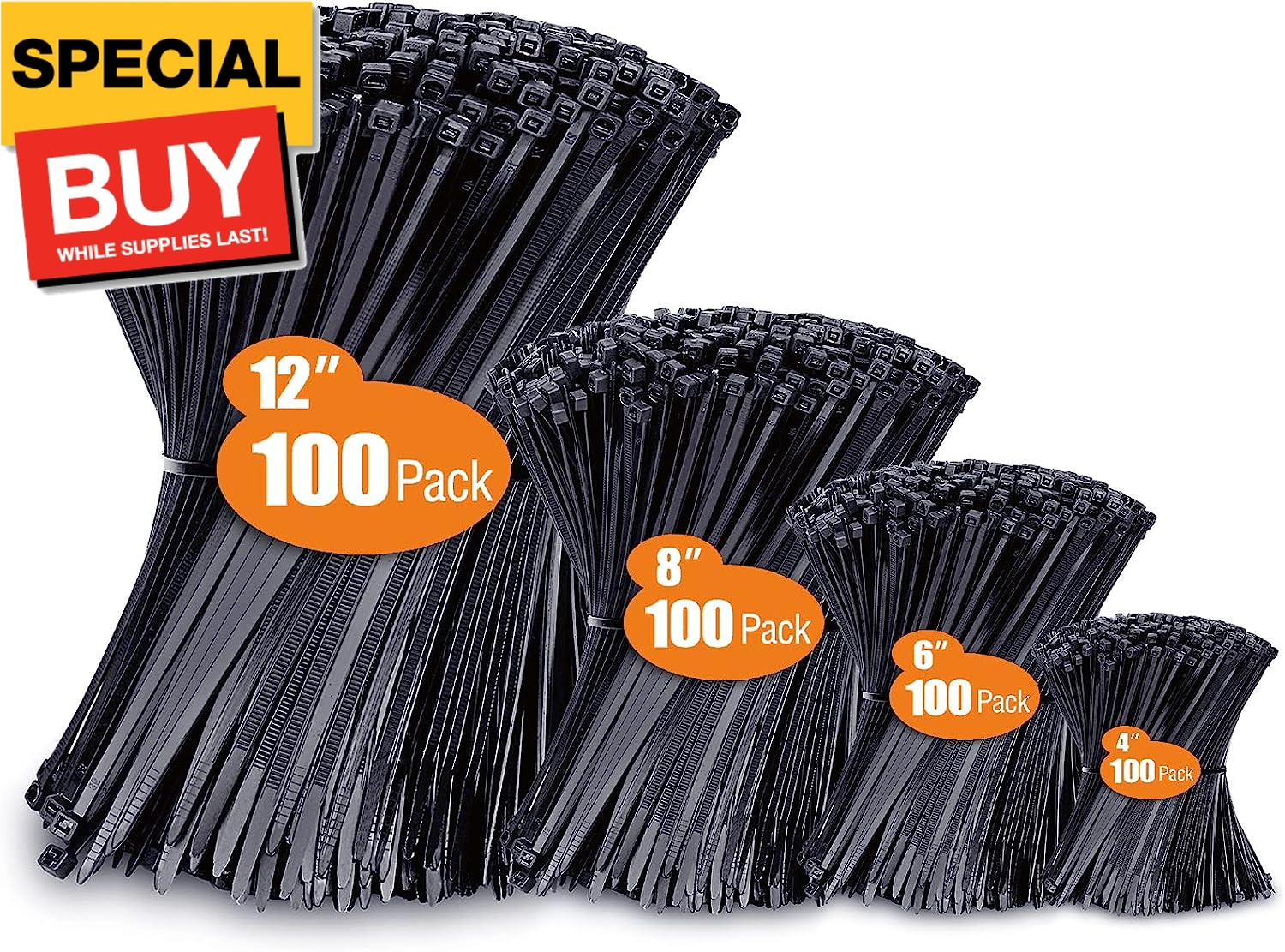 Zip Ties Assorted Sizes(4”+6”+8”+12”), 400 Pack, Black Cable Ties, UV Resistant