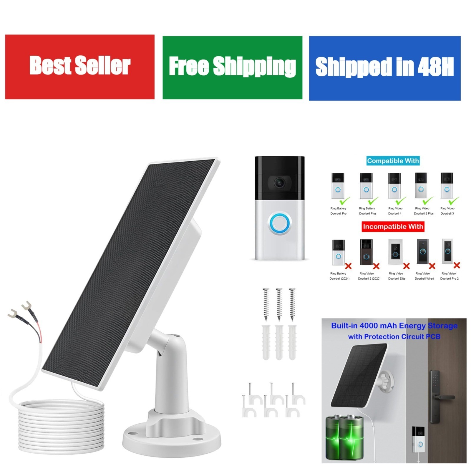 VOMA Solar Charger for Ring Doorbell with Built-in Energy Storage