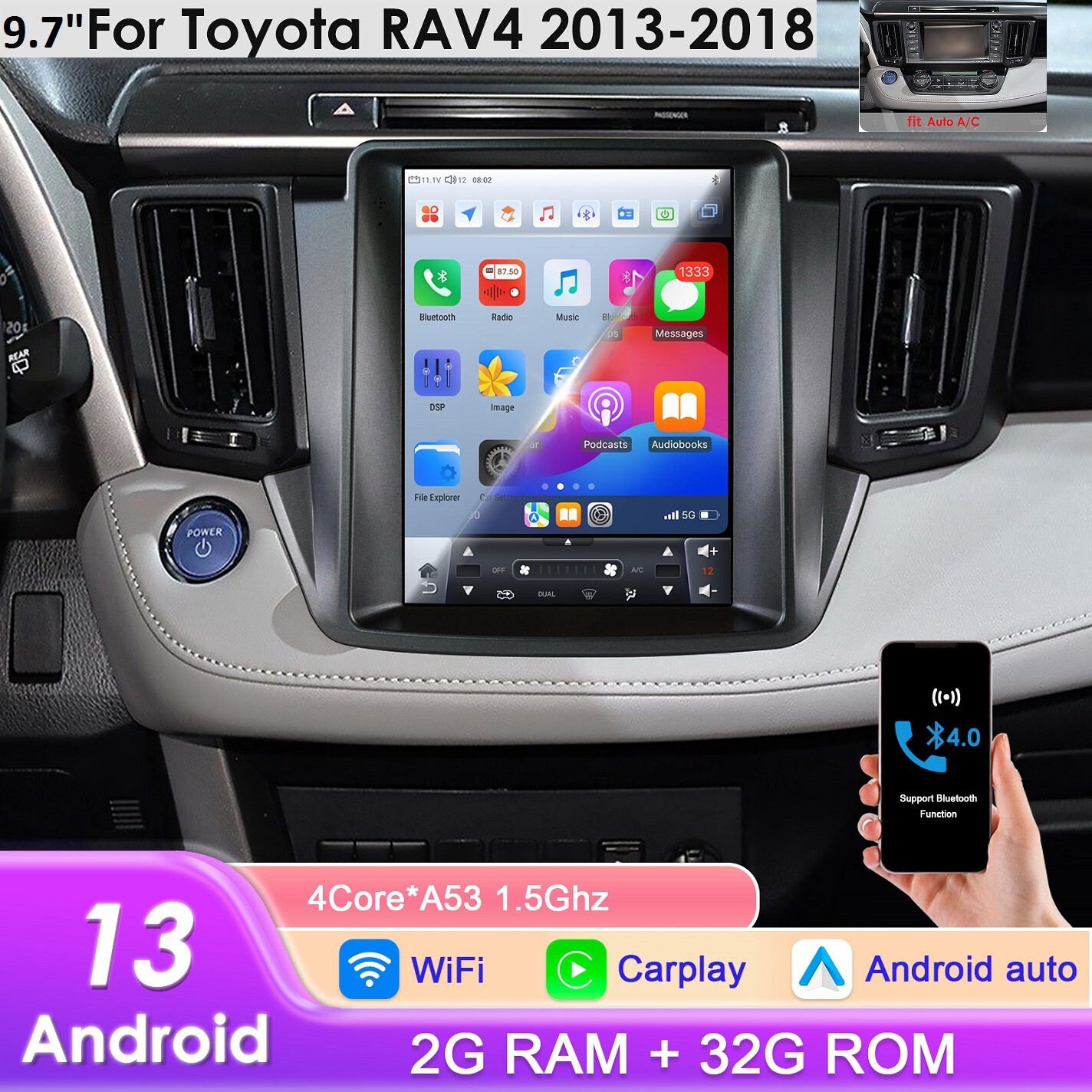 9.7" Android13 Carplay For Toyota RAV4 2013 2014 2015 2016 2017 GPS Stereo Radio