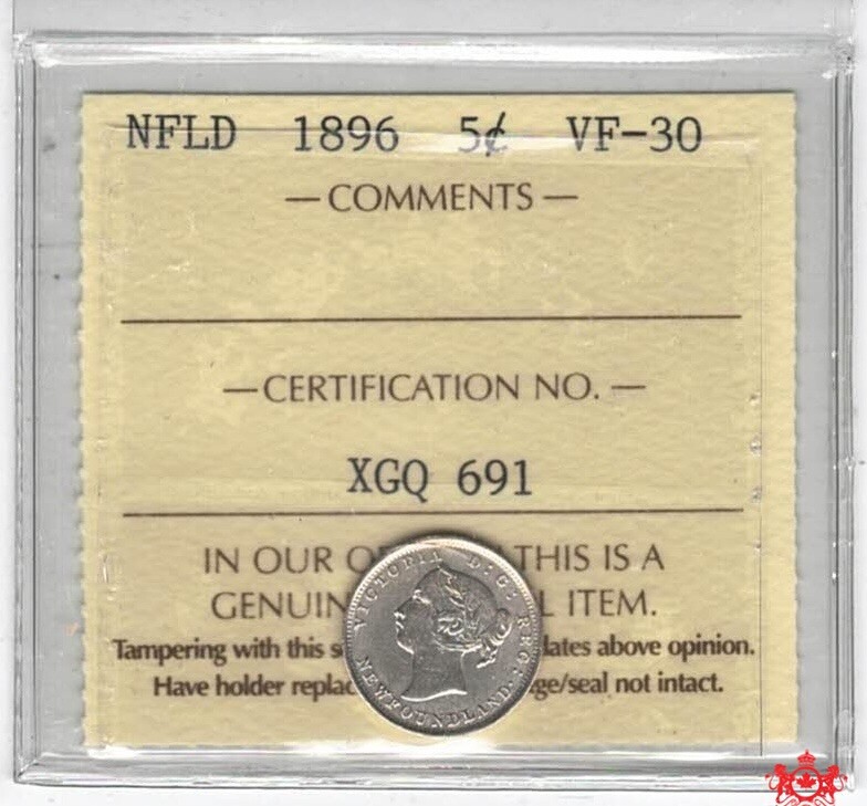 1896 Newfoundland 5 Cents - ICCS VF30 - XGQ 691