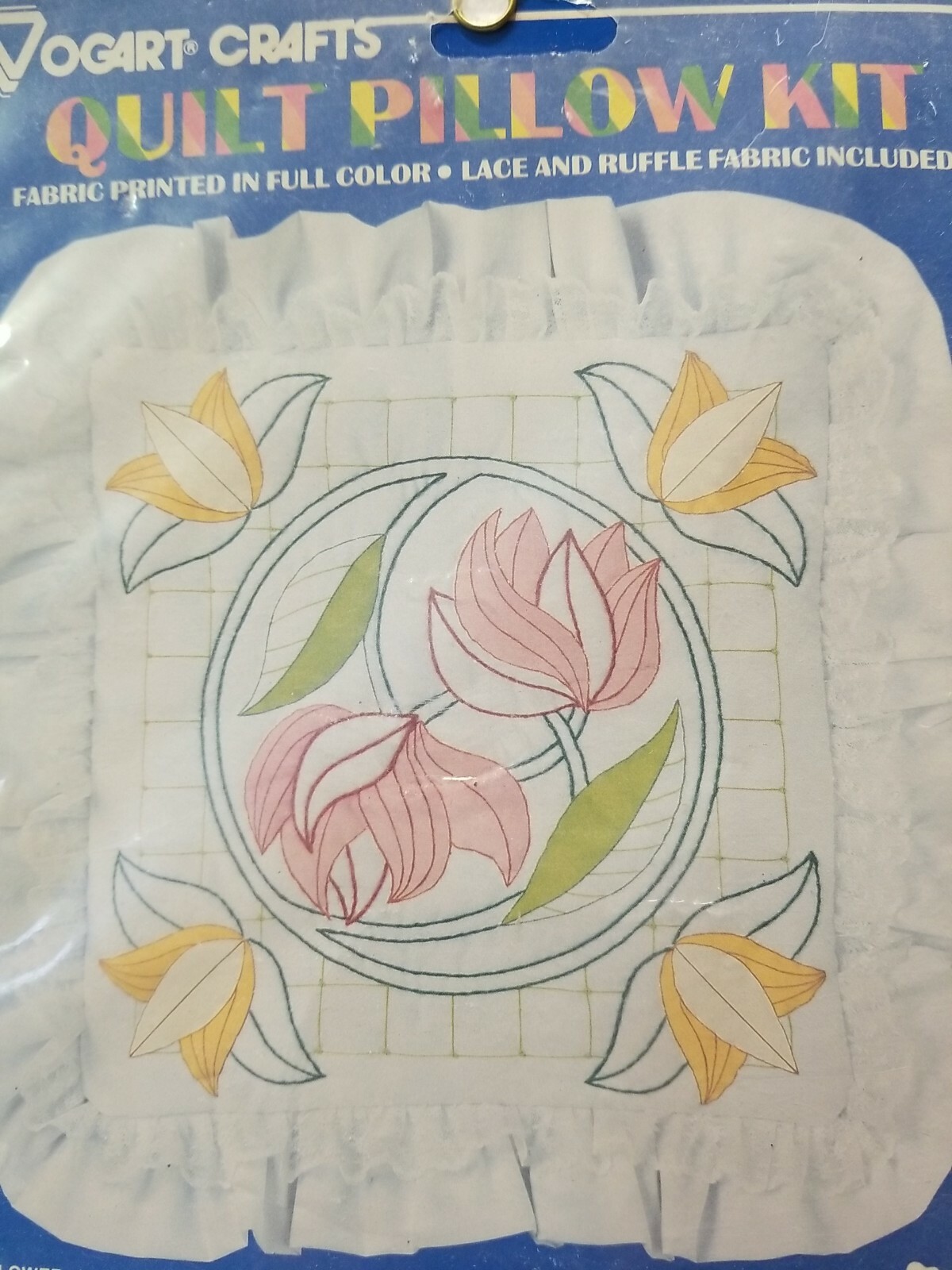 Vtg Vogart Crafts Embroidery Quilt Pillow Kit Lotus Flowers Tulip Ruffle Floral