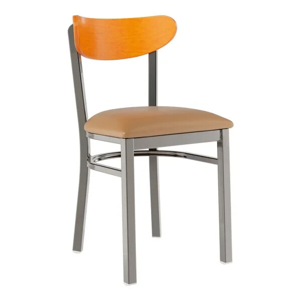 Boomerang Back Clear Coat Metal Dining Chair with Brown Vinyl Seat & Cherry Back