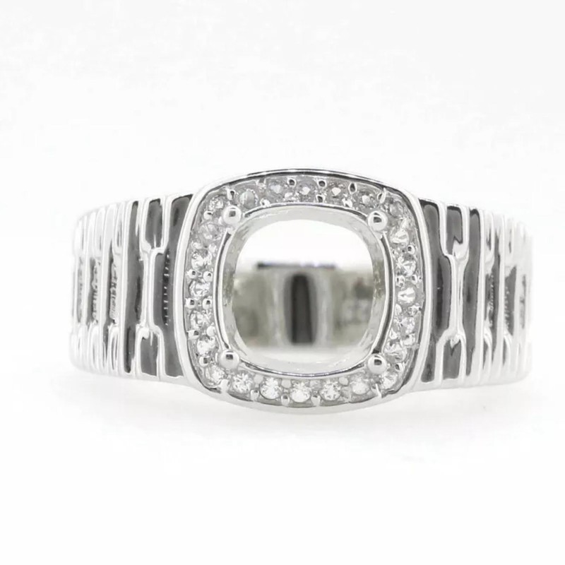 925 Sterling Silver Solitaire 7MM Cushion Shape Semi Mount Ring Halo Women Ring