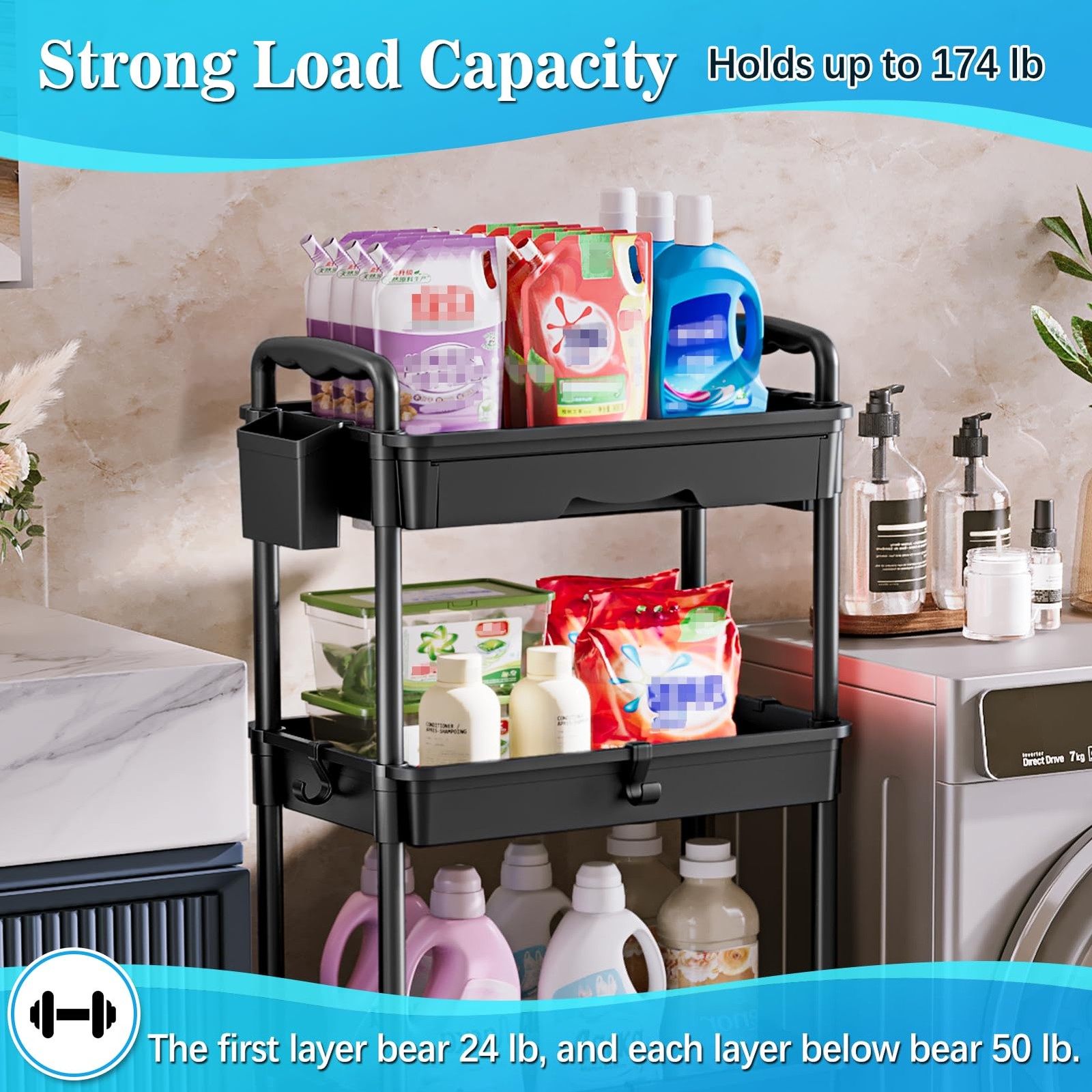 4 Tier Rolling Utility Cart with Drawer, Storage Organizer Cart with 2 Lockab...