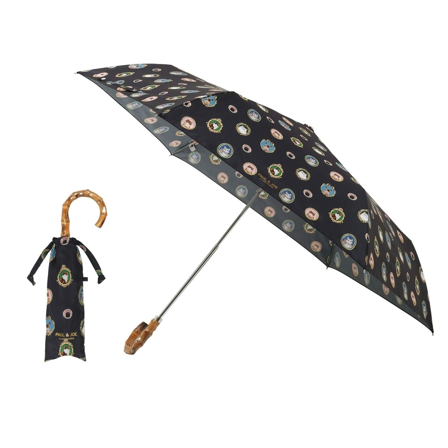 PAUL & JOE Folding Umbrella Cat Cameo Deep Blue Bamboo Handle UV Cut Japan 55cm