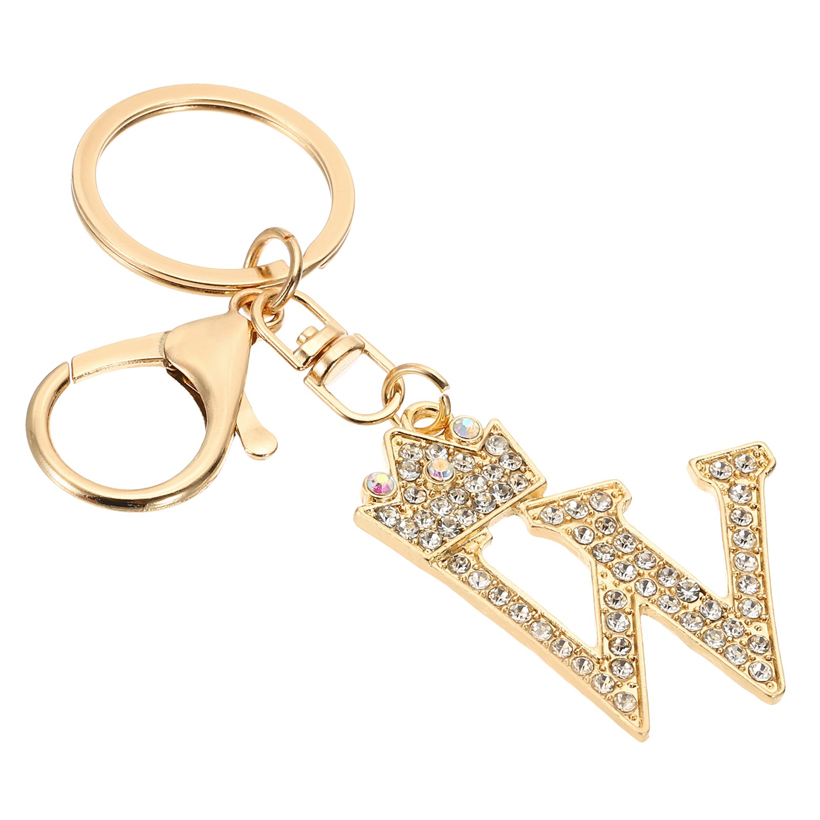 Initial Letter Keychain, Letter W Crown Design Charm with Crystal, Gold Tone