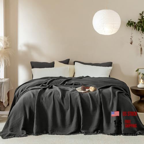 Muslin Fringe Blanket for Adults 100% Cotton 4 King (104" × 90") Dark Grey