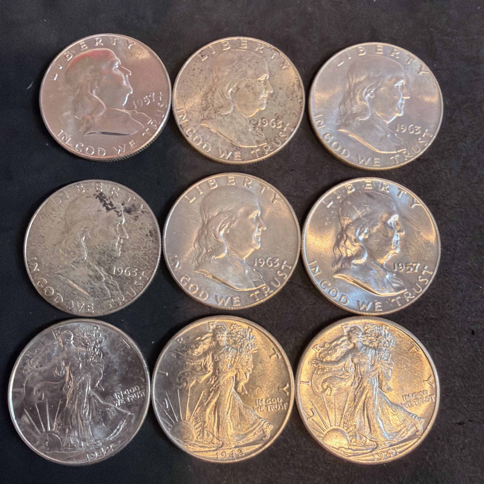 1941, 1942, 1957, 1963 Silver Half Dollar Lot 90% Silver 9 In Lot