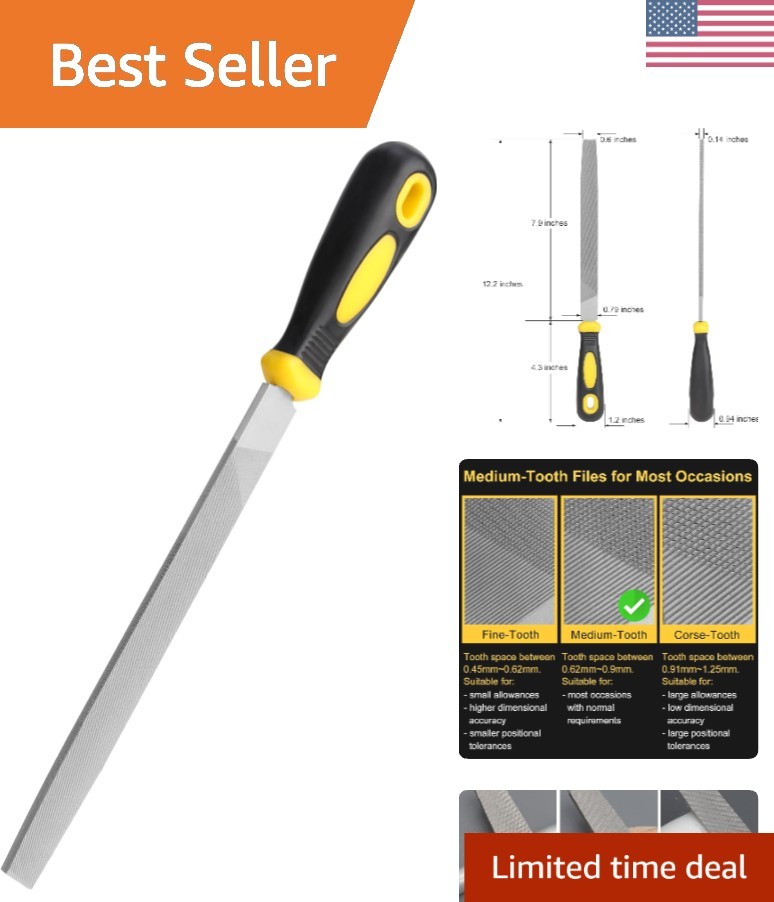 12in Length Durable Flat Metal File with Rubberized Handle for Precision Work