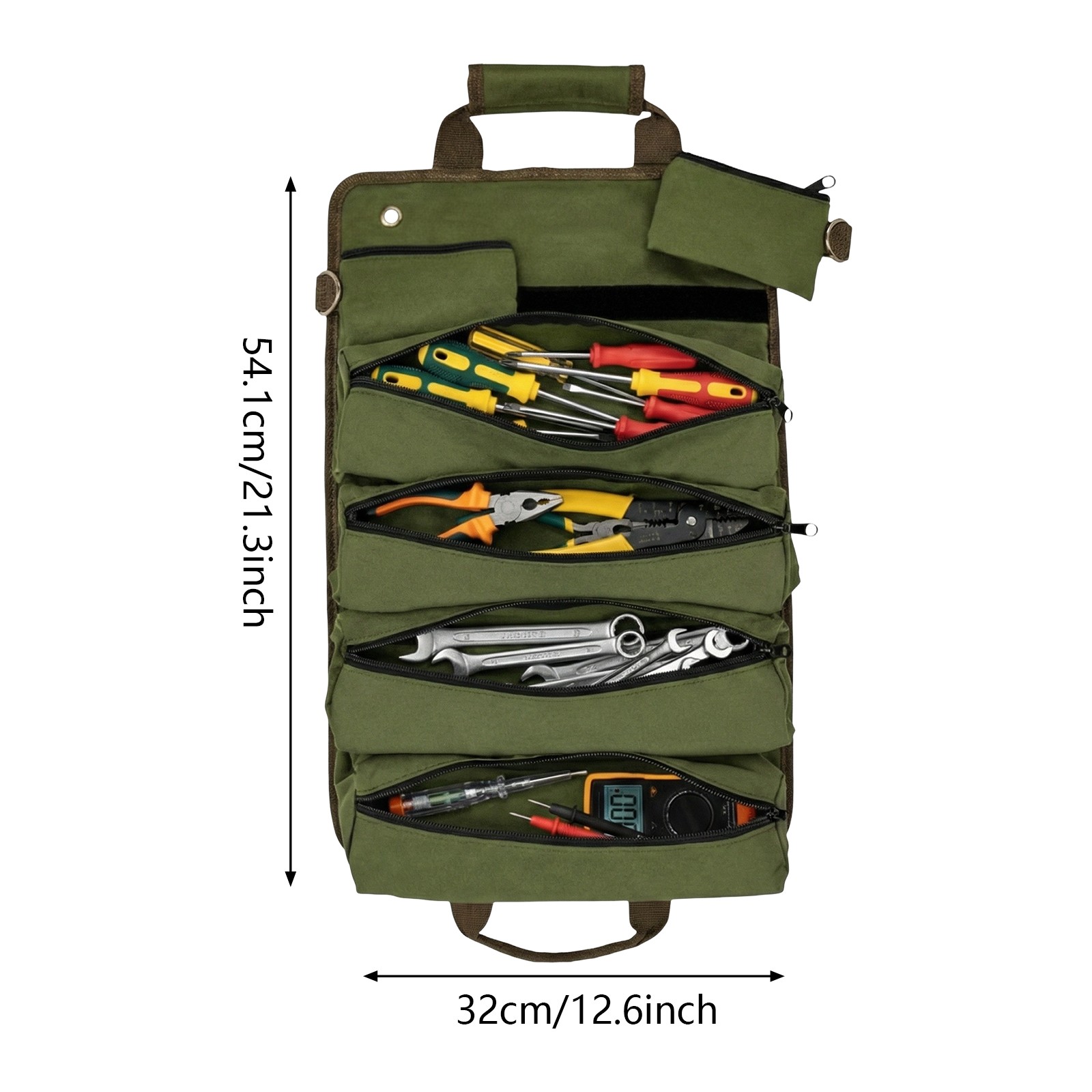 Foldable Roll Up Tool Bag with 4 Compartments & 2 Detachable Pouches
