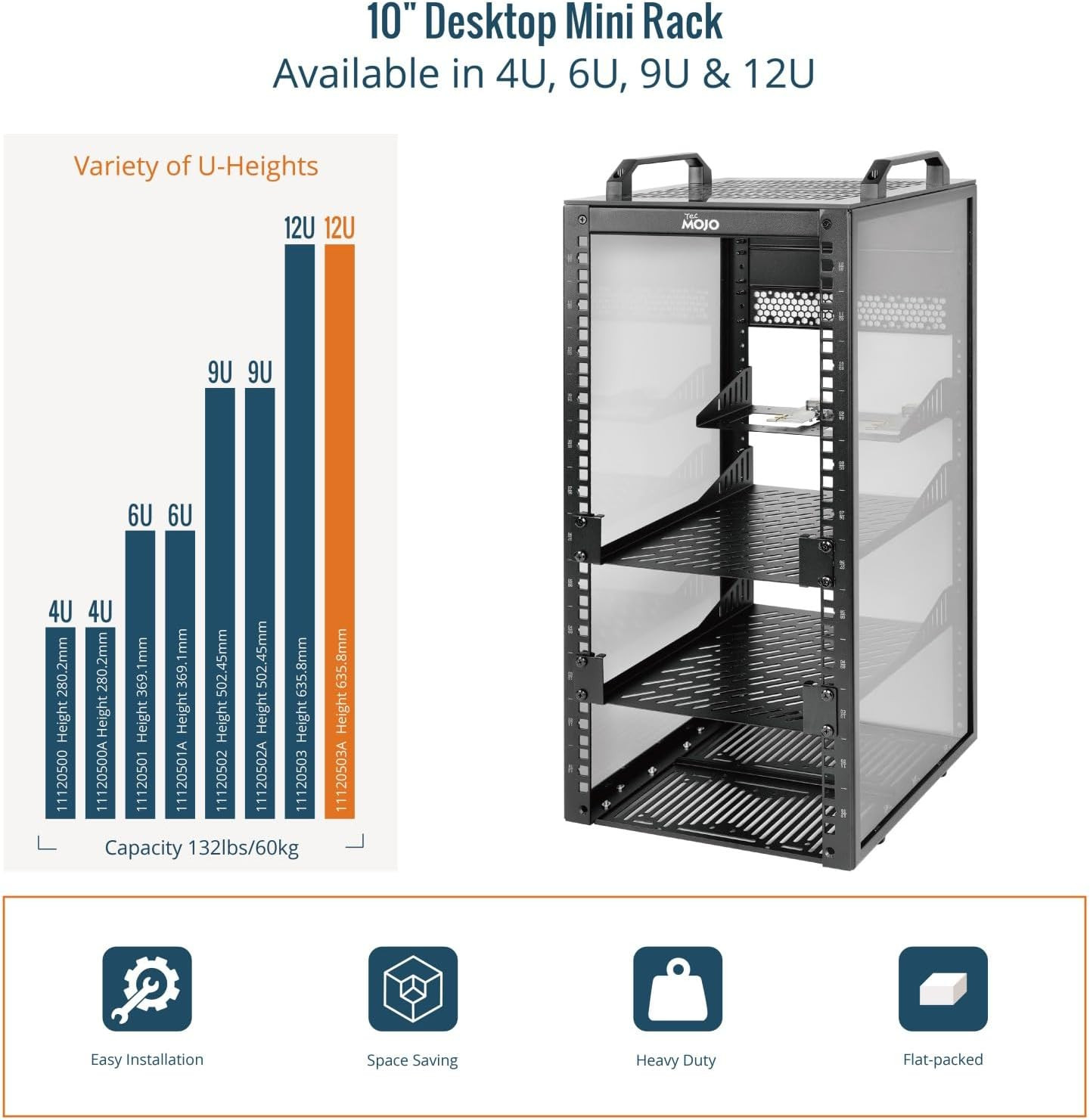 12U Network Rack, 10 Inch Mini Server Rack with 2 Side Translucent Panels & 2 To