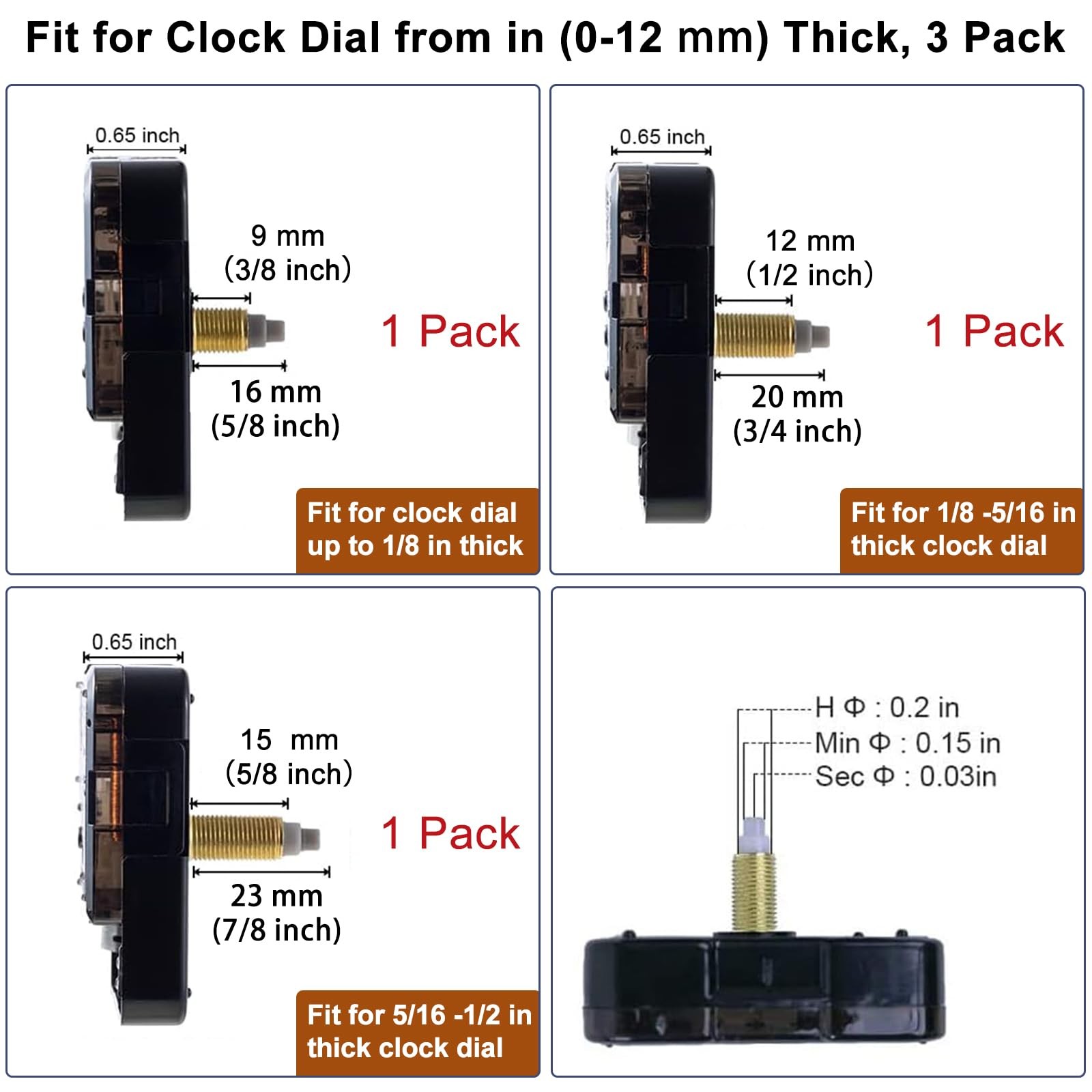 EMOON 3-Piece Silent Clock Mechanism Kit with 8 Pairs of Black, Gold, Red