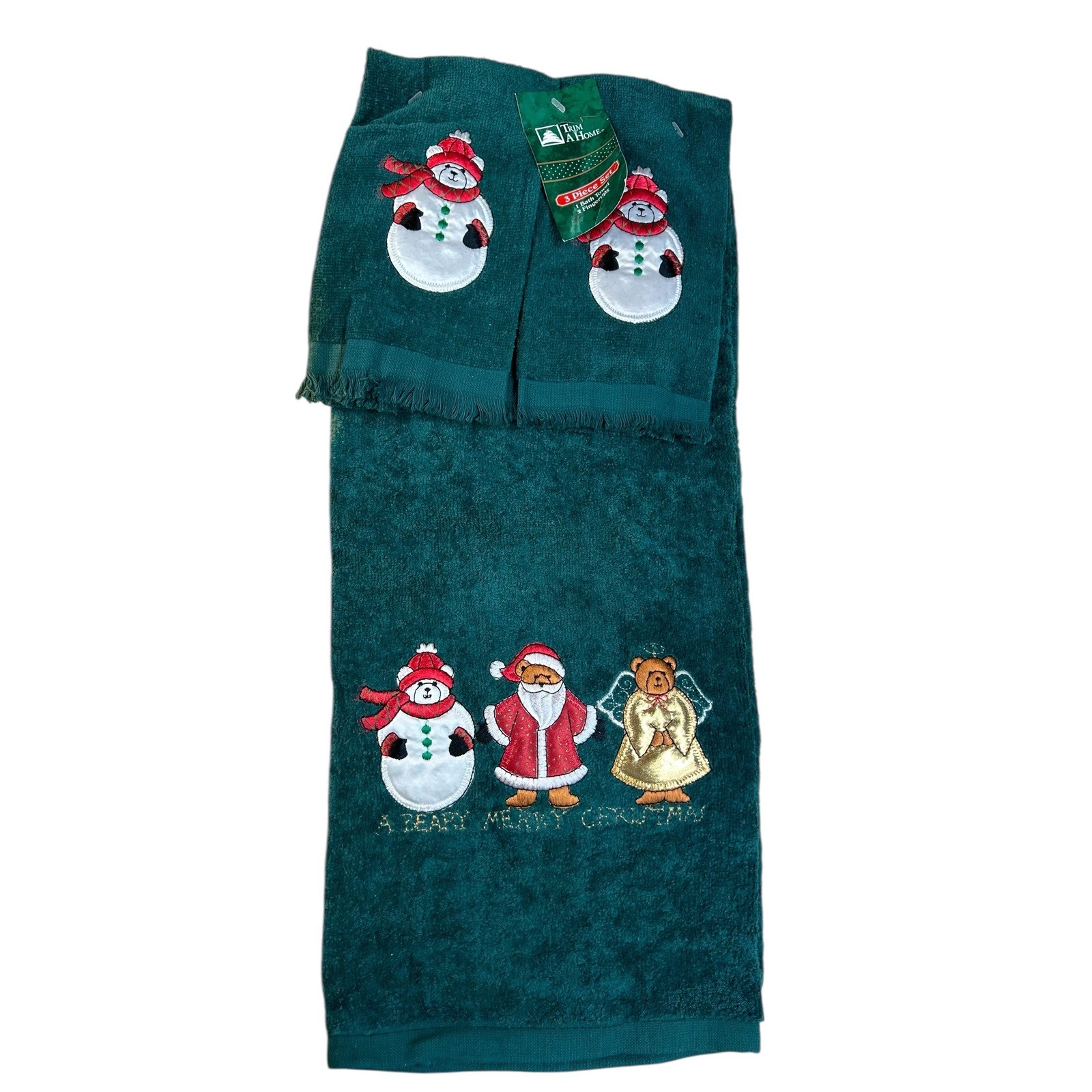 Trim A Home 3 Piece Christmas Towel Set Green Snowman Santa Bear Bath Fingertip