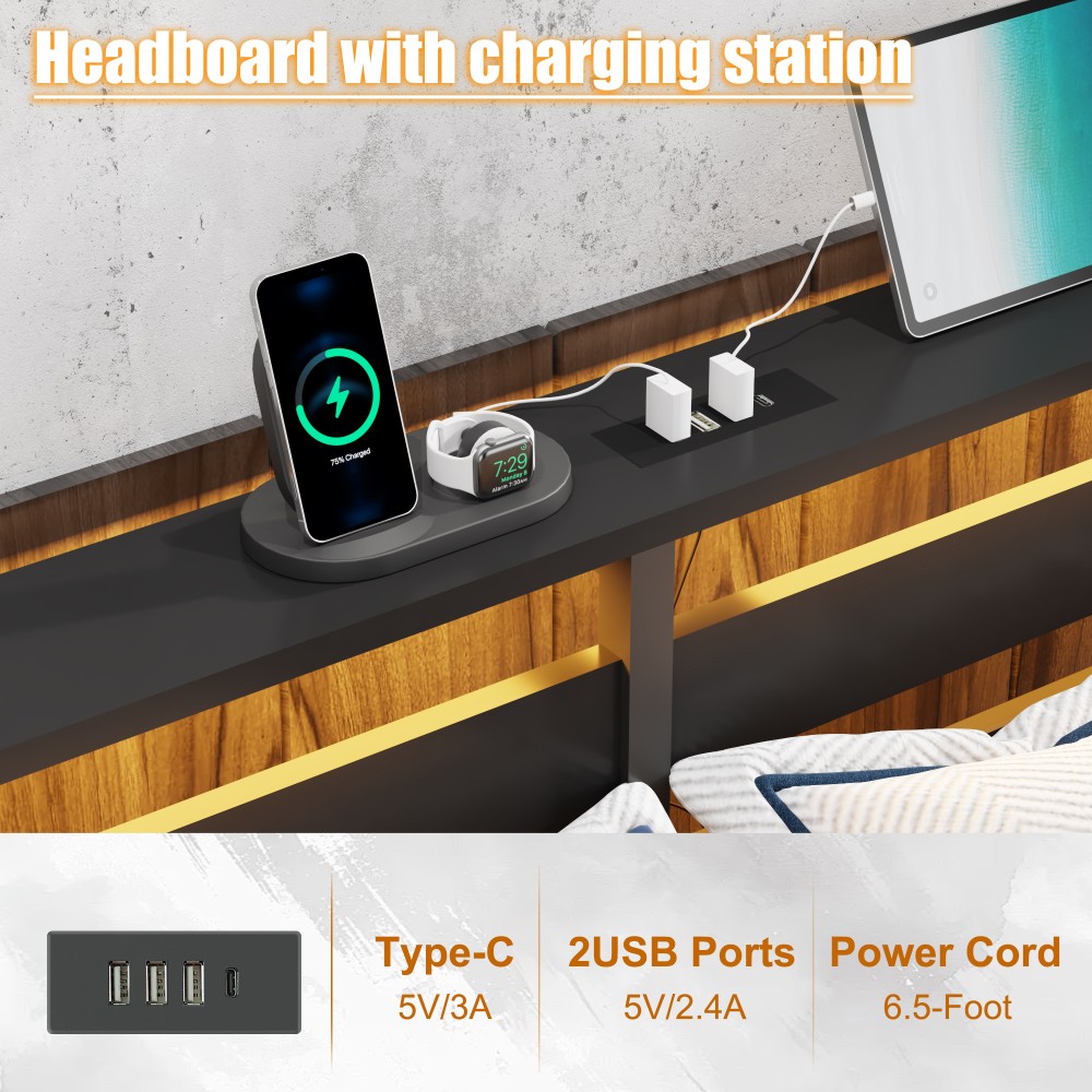 Full Size Metal Bed Frame w/ LED Lights, USB Charger, Under Bed Storage