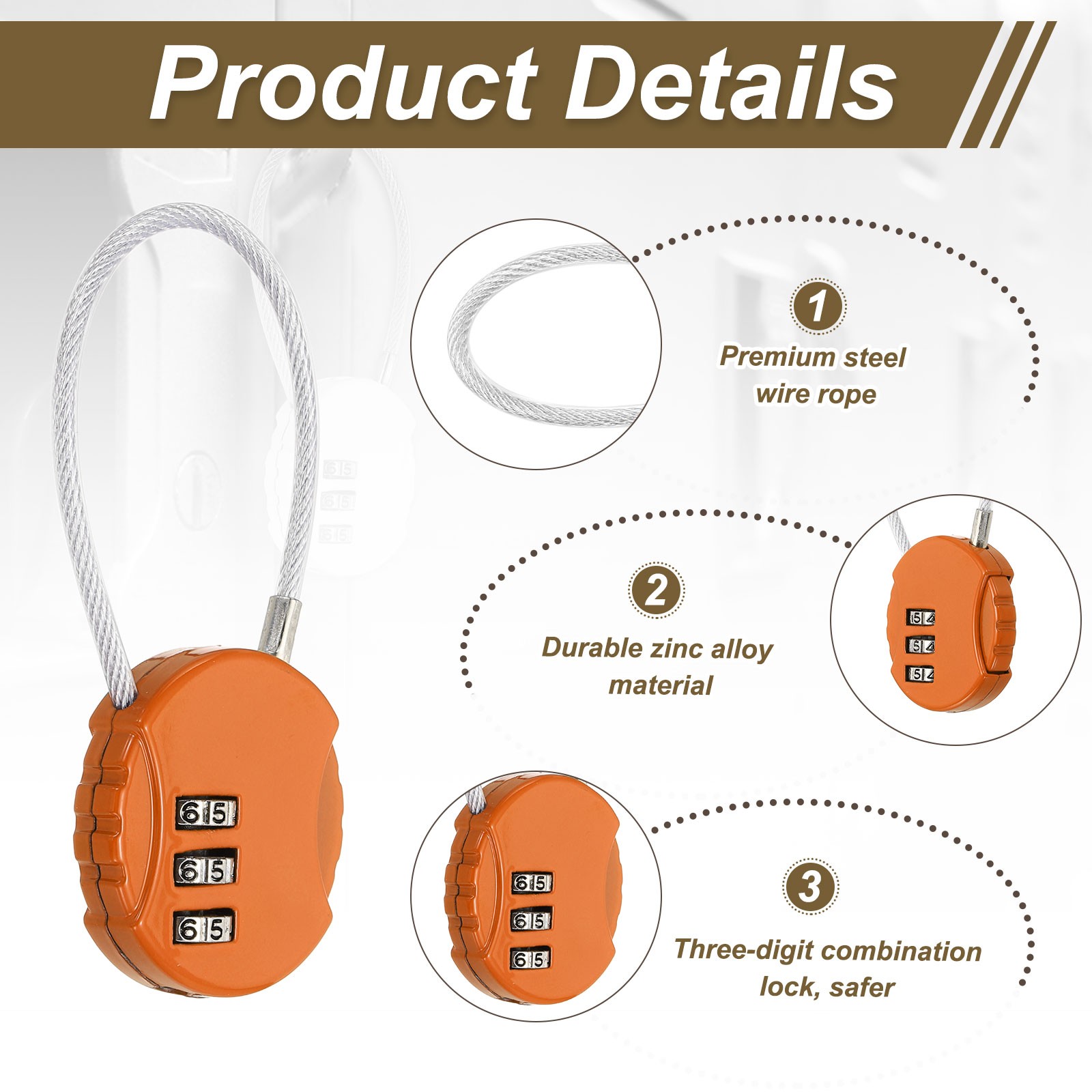 1-Pack Combination Padlock, 3 Digit Round Shaped Cable Luggage Lock [Orange]