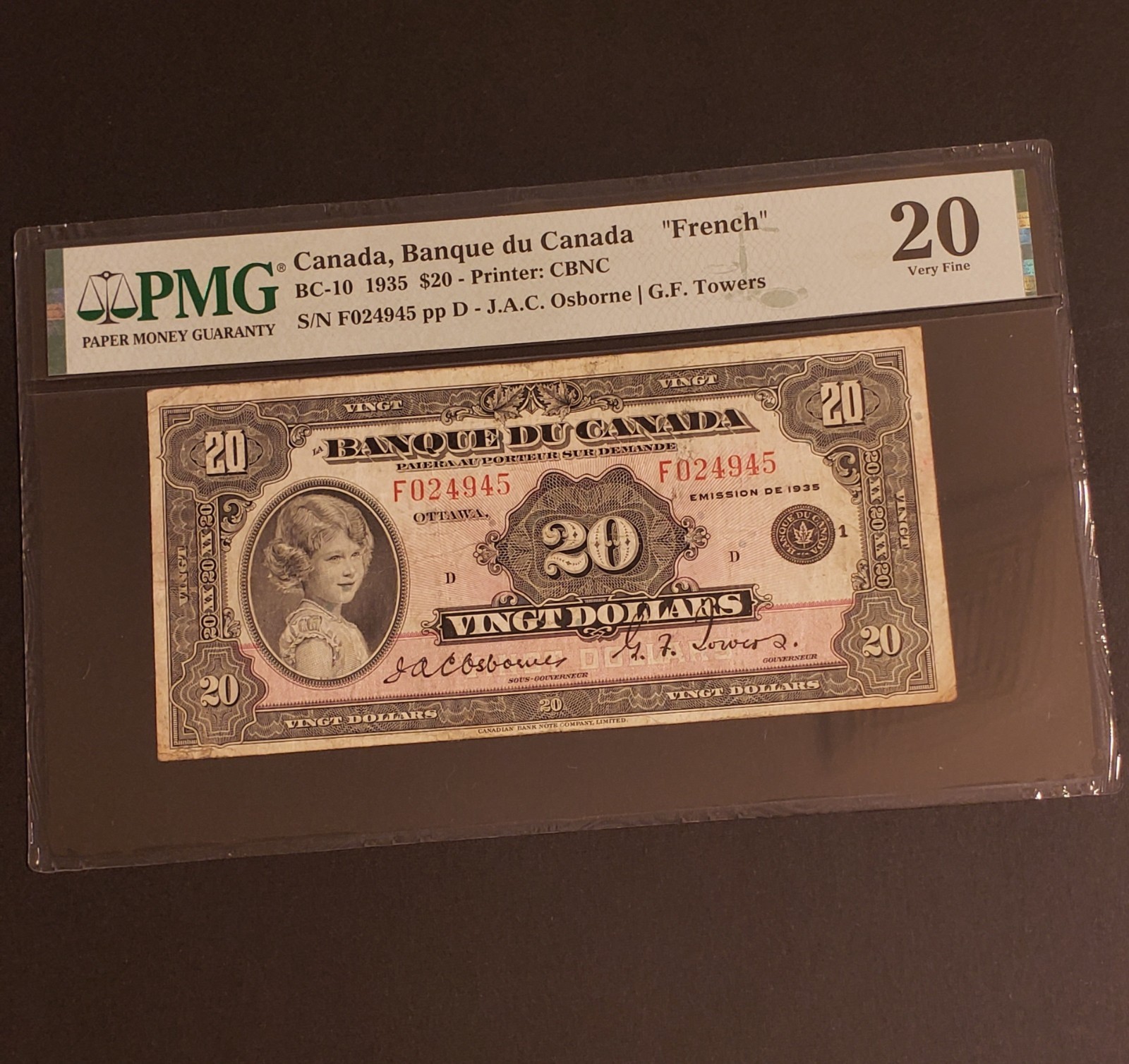 RARE FRENCH 1935 Bank of Canada $20 Banknote. PMG Graded.