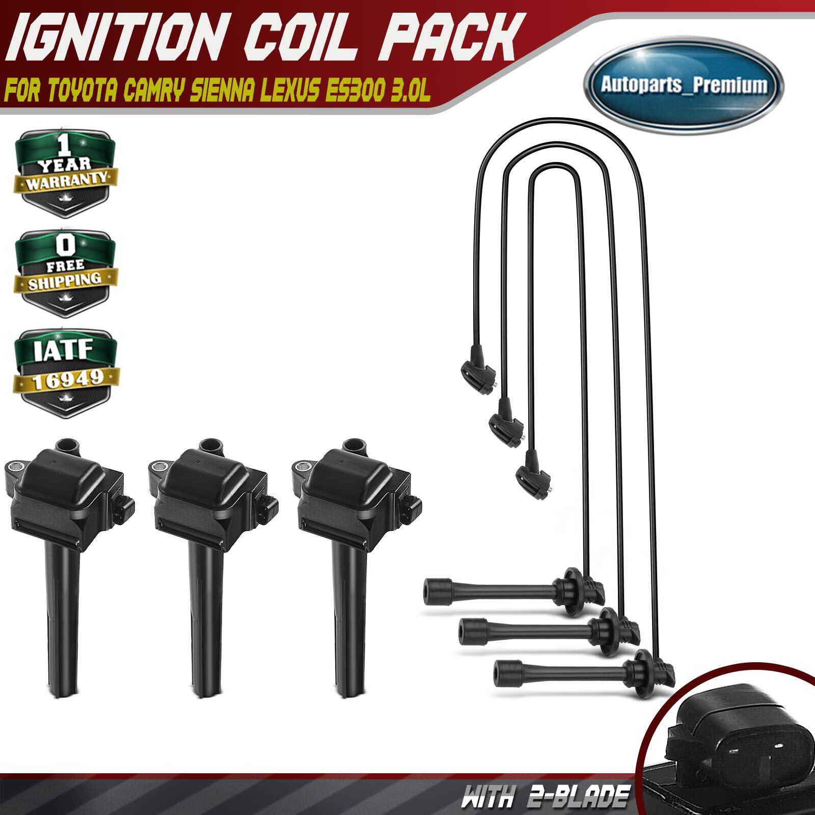 3x Ignition Coils & 3x Spark Plug Wires for Toyota Camry Sienna Lexus ES300 3.0L