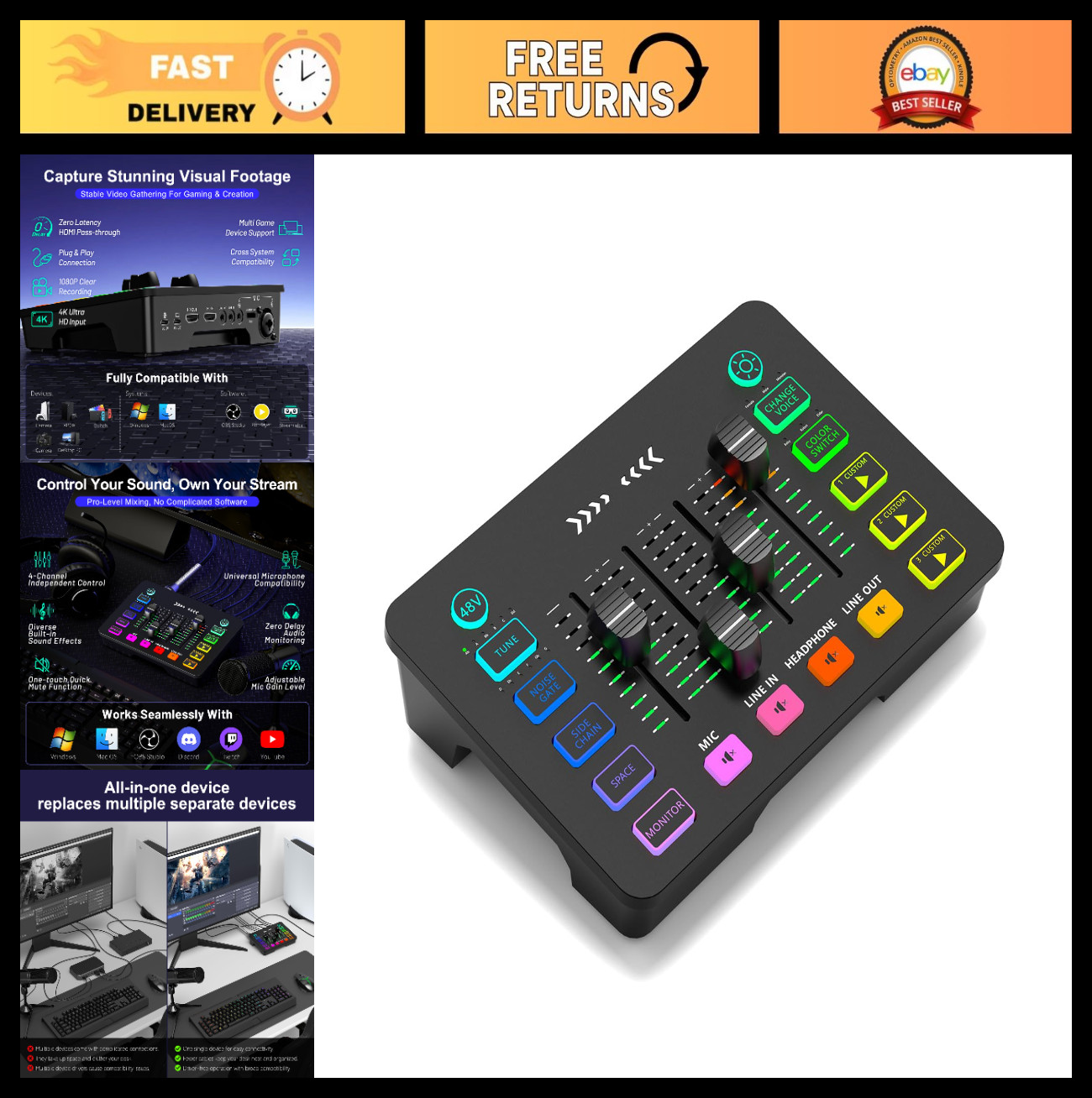 4K Video Capture Card, 1080P 60fps Streaming, Audio Mixer, RGB, Voice Changer, P