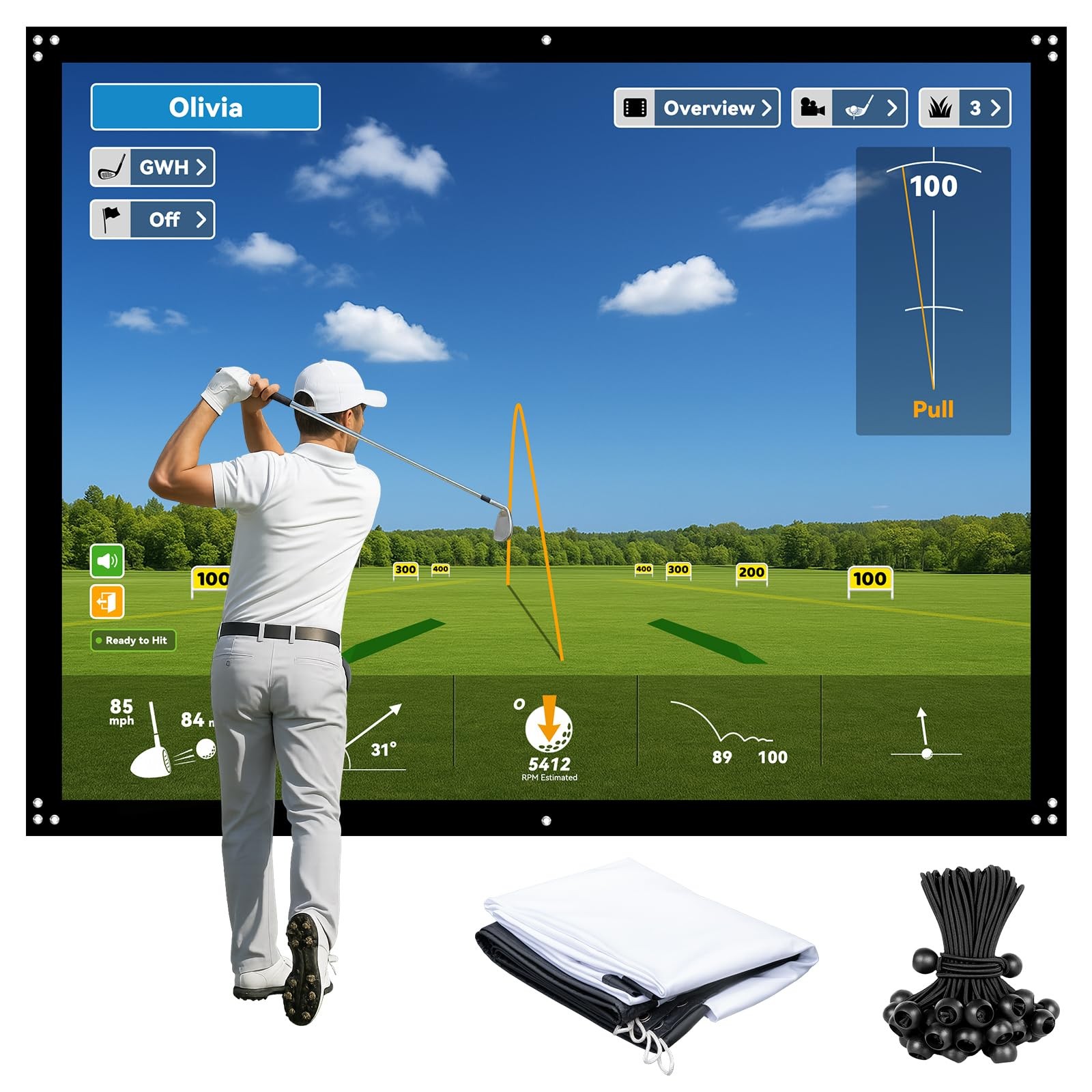 9x7ft Golf Simulator Impact Screen with 10 Bungee Cords