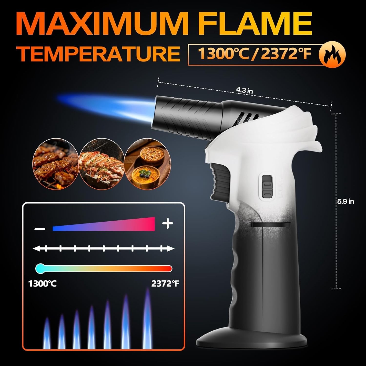 Butane Torch Lighter Adjustable Flame Refillable 0-90° Rotating Head White Black