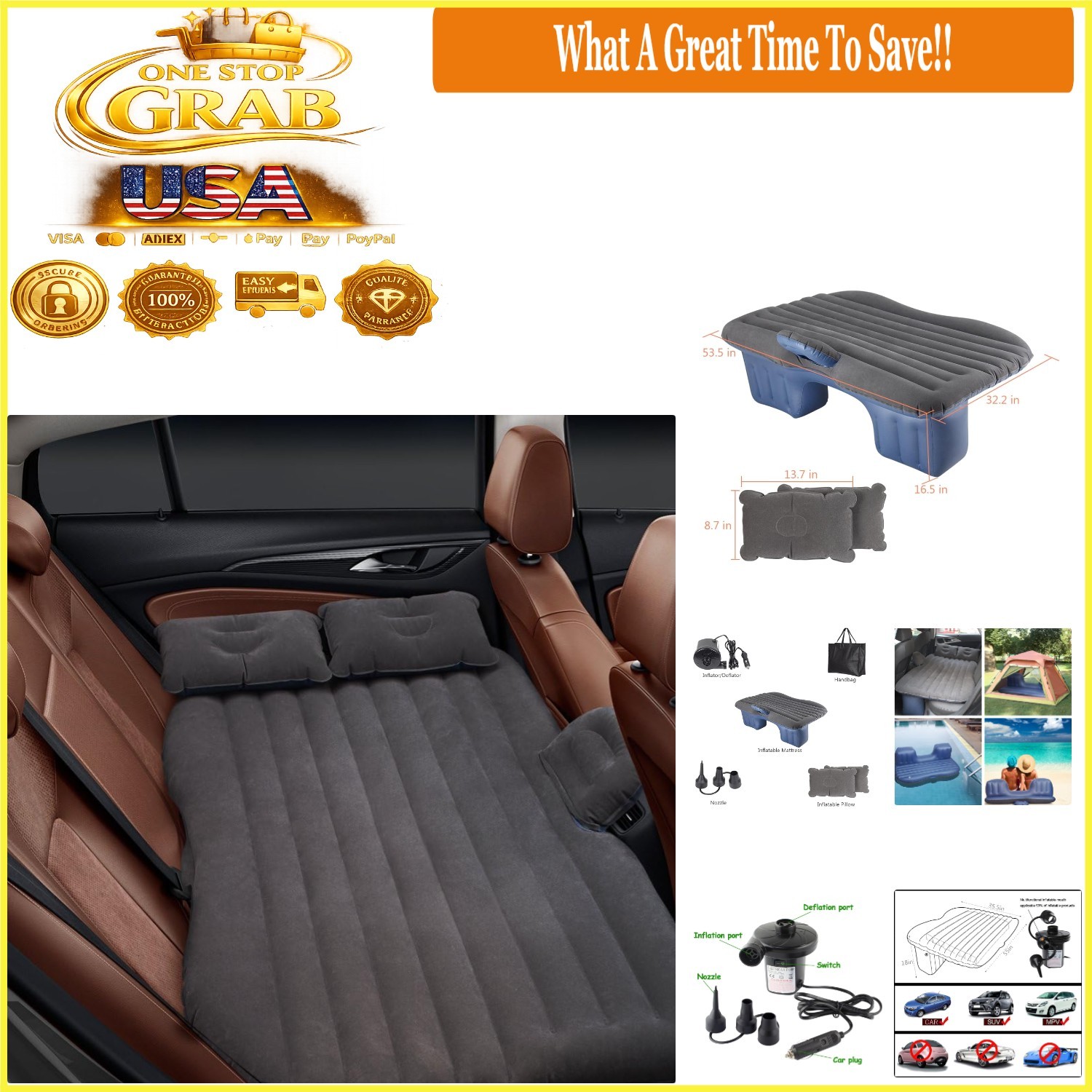 Car Bed Inflatable Mattress for Car SUV Travel Bed with 2 Pillows Black