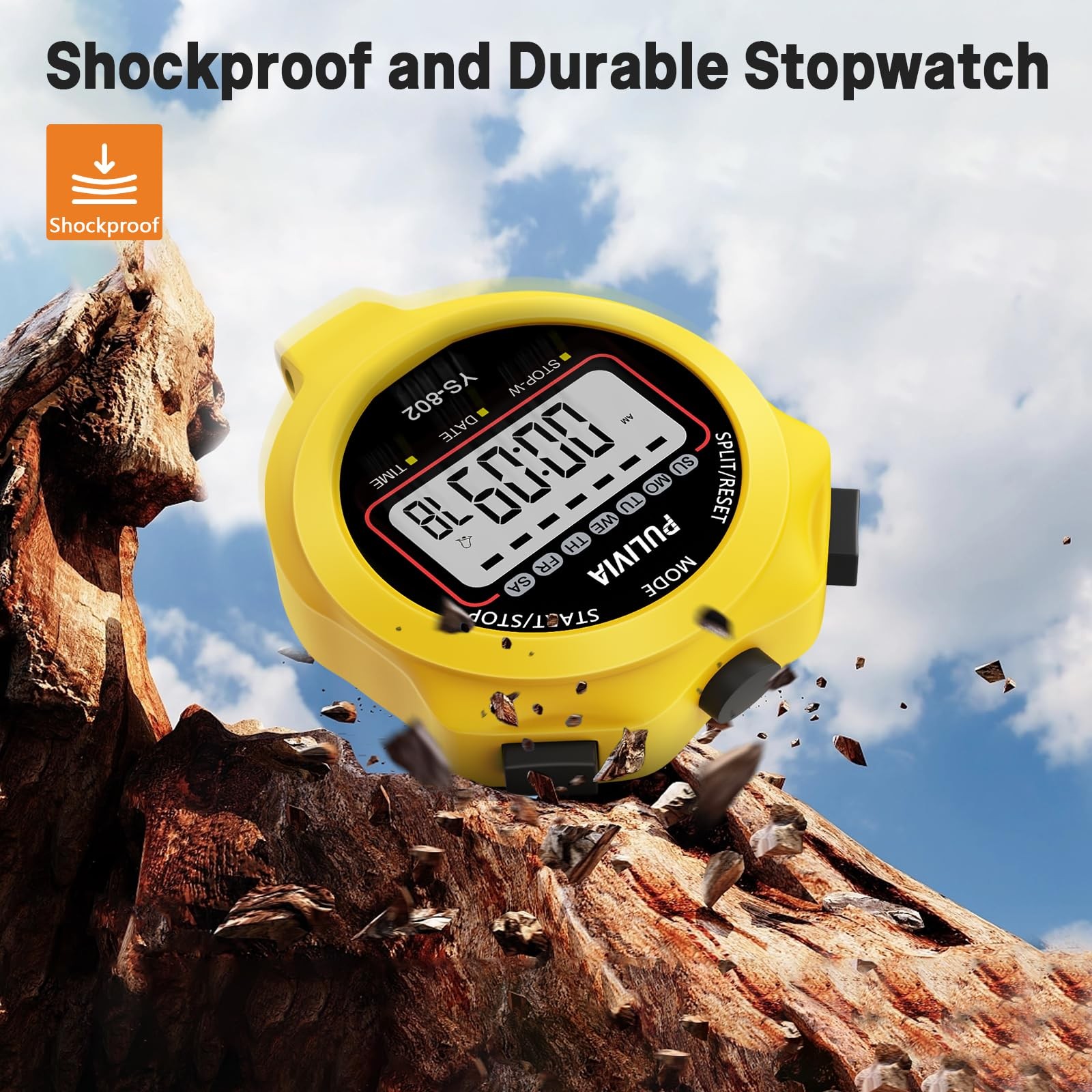 PULIVIA Sports Stopwatch Timer, Single Lap Split Digital Stop Watch Yellow