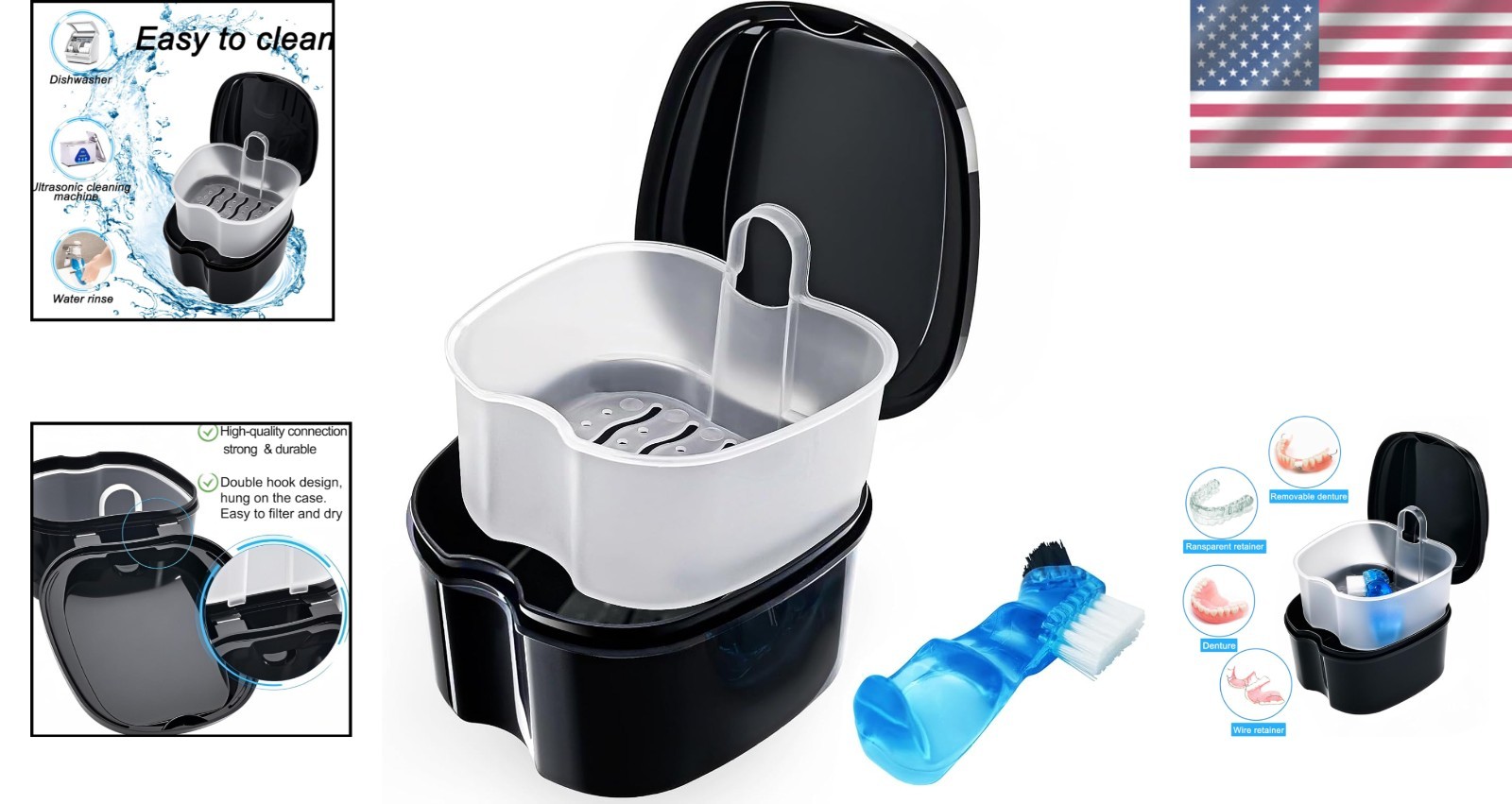 Elegant Waterproof Black Denture Soaking Container with Detachable Strainer