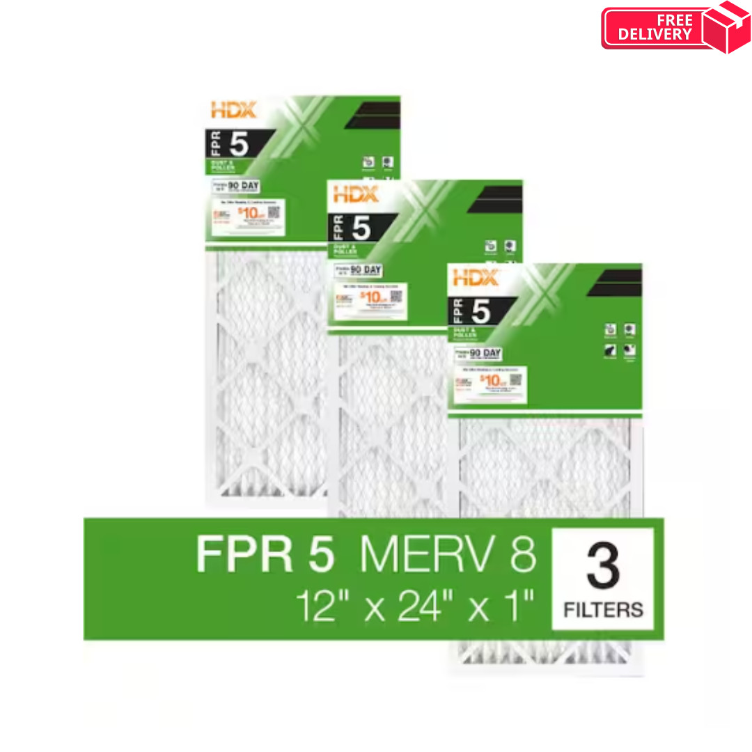 12 x 24 x 1 Standard Pleated Air Filter FPR 5, 3-Pack, Air Filters Replacement