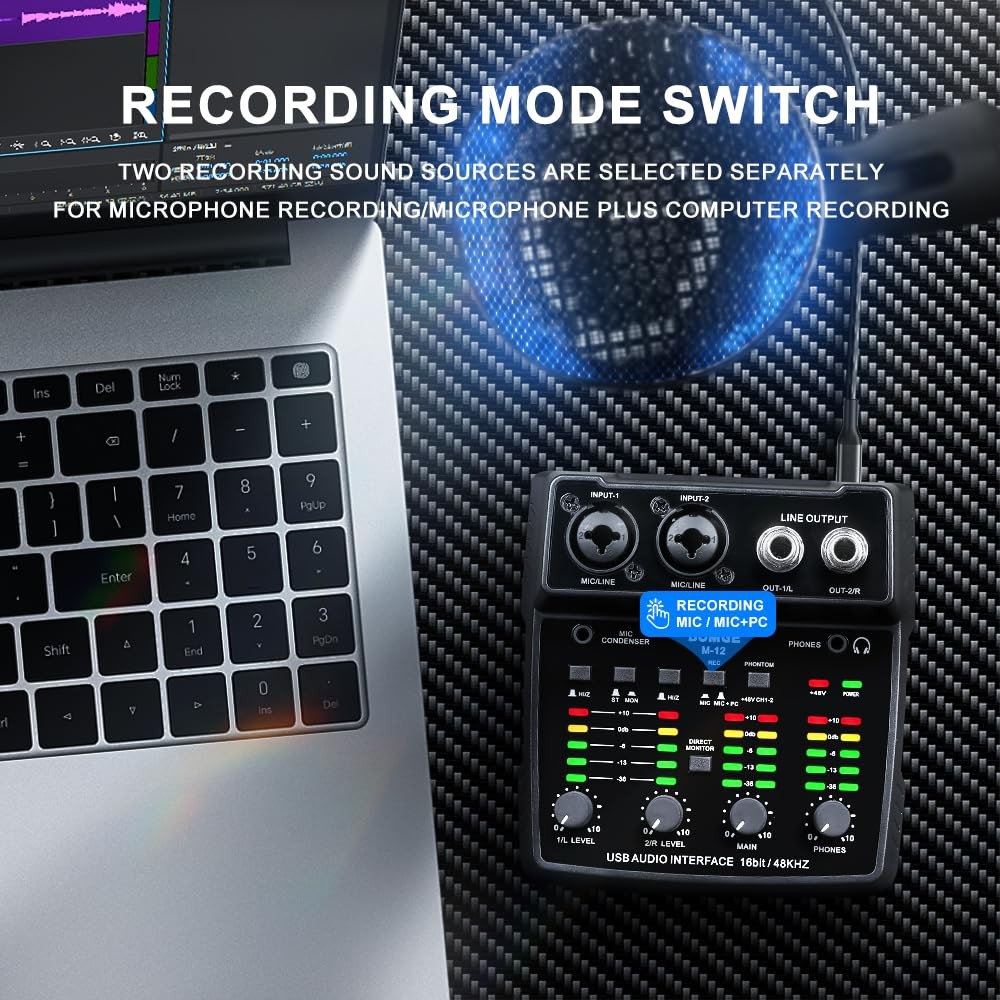 BOMGE M12 USB Audio Interface, 2-Channel Mixer, XLR/3.5mm Input, 48V Power Su...
