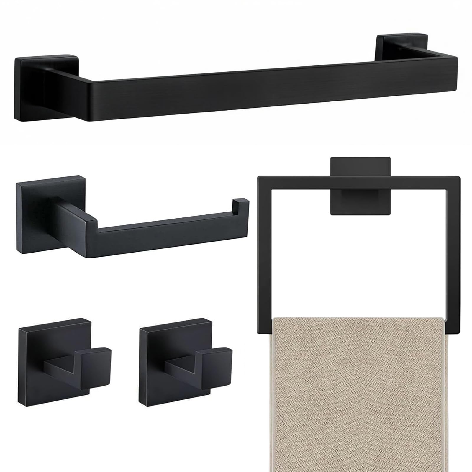 5 Piece Matte Black Bathroom Towel Bar Hardware Accessory Set Wall Mounted